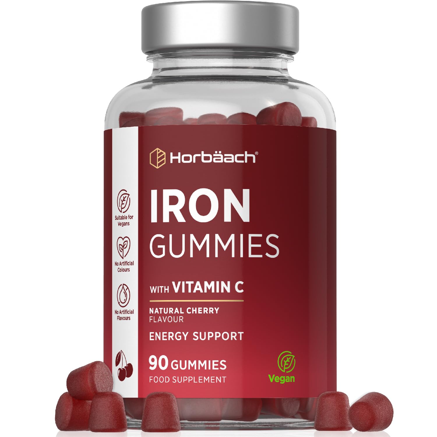 Iron Supplements | 14mg Iron Gummies with Vitamin C | 90 Vegan Gummies | for Men & Women | by Horbaach