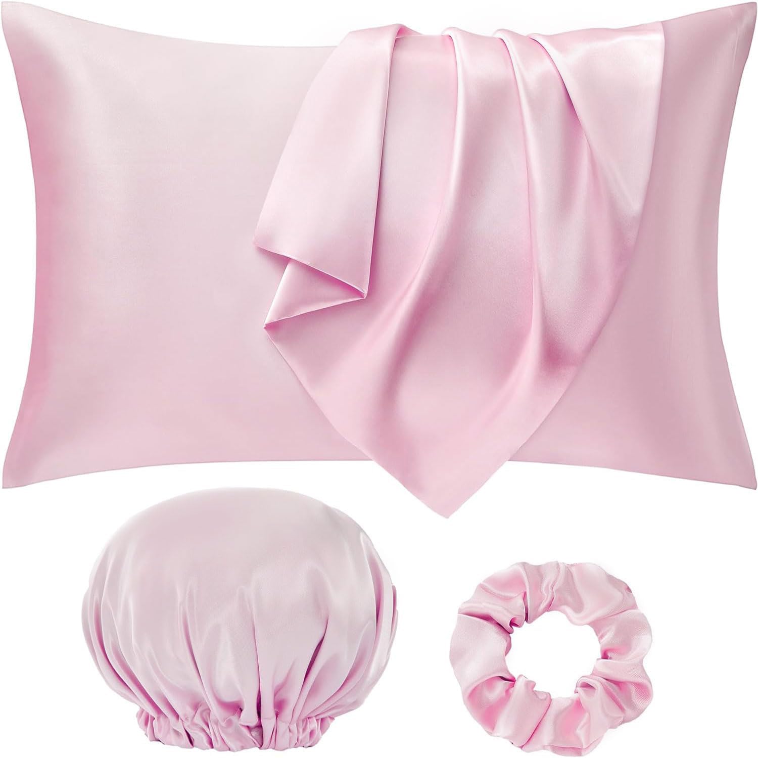 Seiwohl Silk Satin Pillowcase Soft as Silk Pillowcases for Hair and Skin Pink Pillow Cases 2 Pack with Satin Scrunchies and Bonnet for sleeping, Cooling Pillow cases Envelope Closure, 50x75 cm