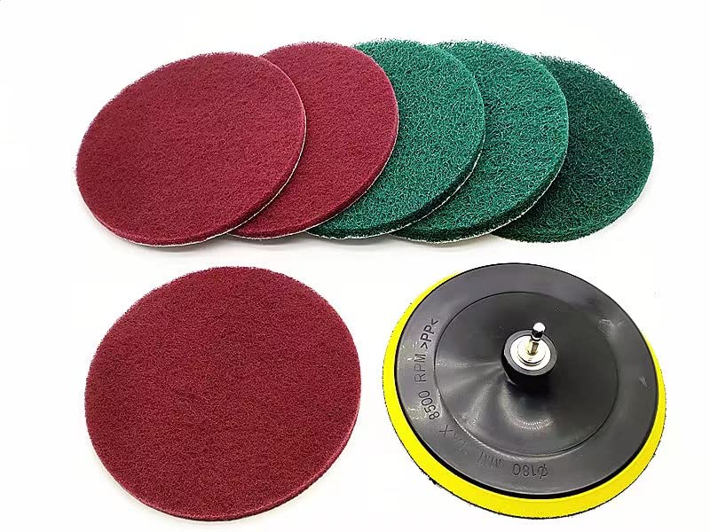 Super Large Size 7 Inch Drill Powered Brush Tile Scrubber Scouring Pads Cleaning Kit, 2 Different Stiffness, 7-Inch Disc Pad Holder with 6 Scrubbing Pads, Cleans Large Flat Areas Perfectly (7-inch)