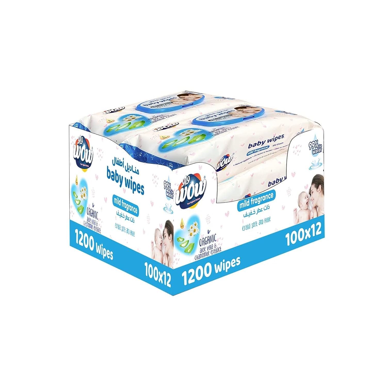 WOW99% Pure Water Baby Wipes, Extra Thick And Large, Alcohol & Paraben Free For Sensitive Skin, Mild Fragrance , 1200 Sheets Pack Of 12