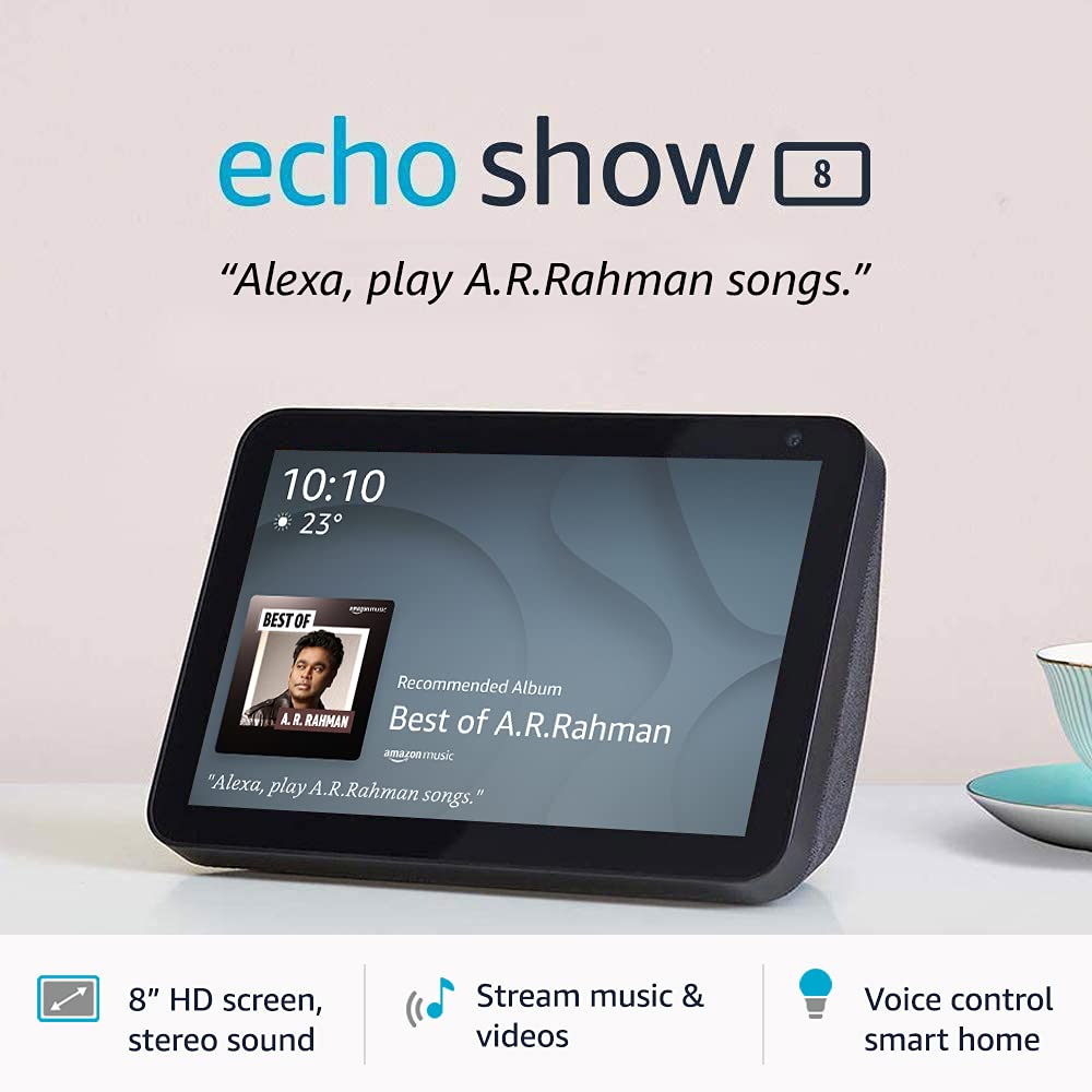 Introducing Echo Show 8 – Smart display with Alexa - 20.32 cm (8") HD screen with stereo sound – Black