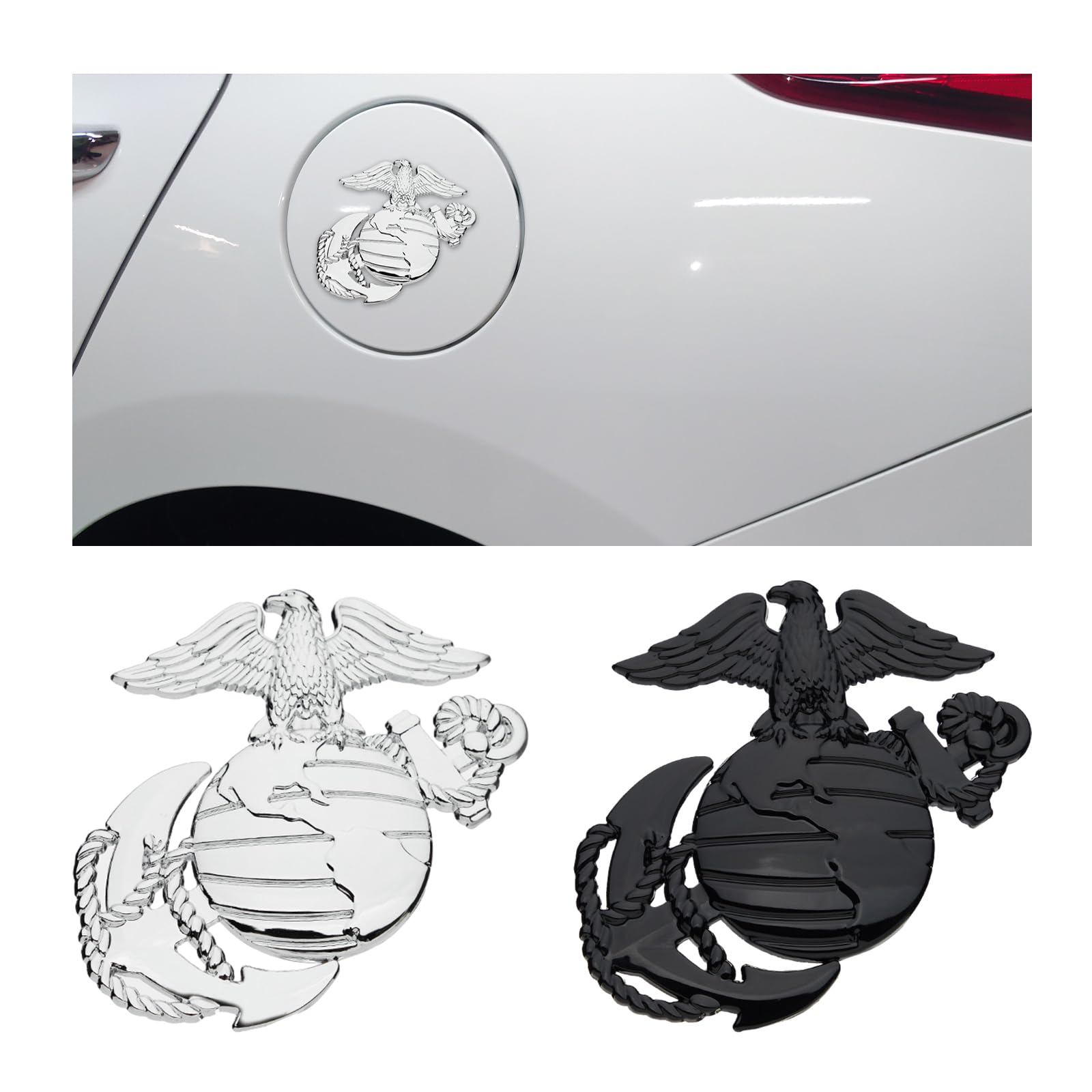 2 PCS USMC Car Stickers, Self-Adhesive Marine Corps Emblem for Decoration, 3D Zinc Alloy American Marine Corps Decal Logo for Auto Home Office, Universal Car Accessories (Black+Silver)