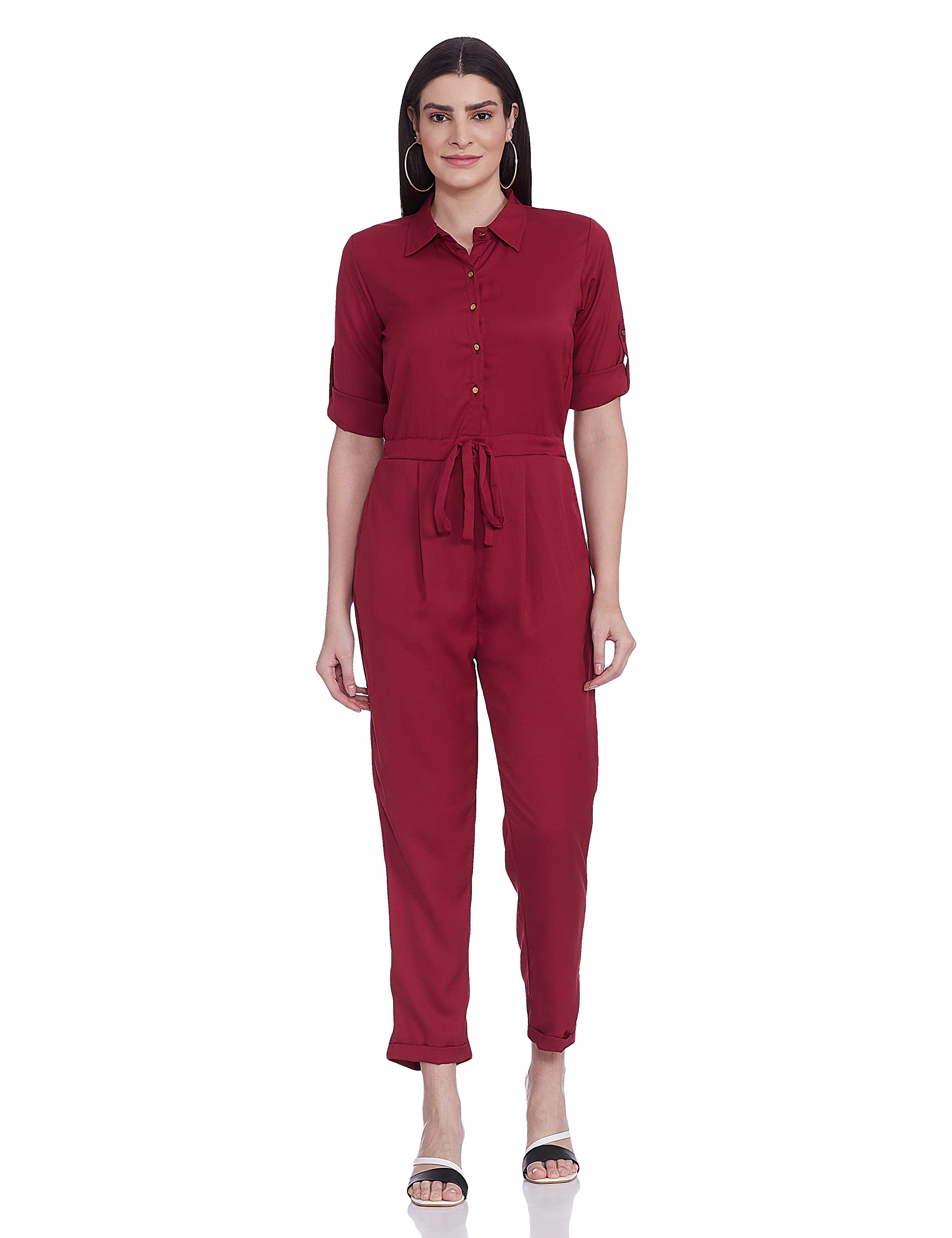 Women's Regular Fit Shirt Style Solid Jumpsuit