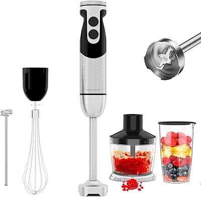 MegaWise Blender Handheld 12-Speed Stainless Steel Electric Hand Blender, 5 in 1 Immersion Handheld Blender，Titanium Blades Hand Blender, Milk Frother Wand,with 600ml Whisk Beaker and Chopper (black)