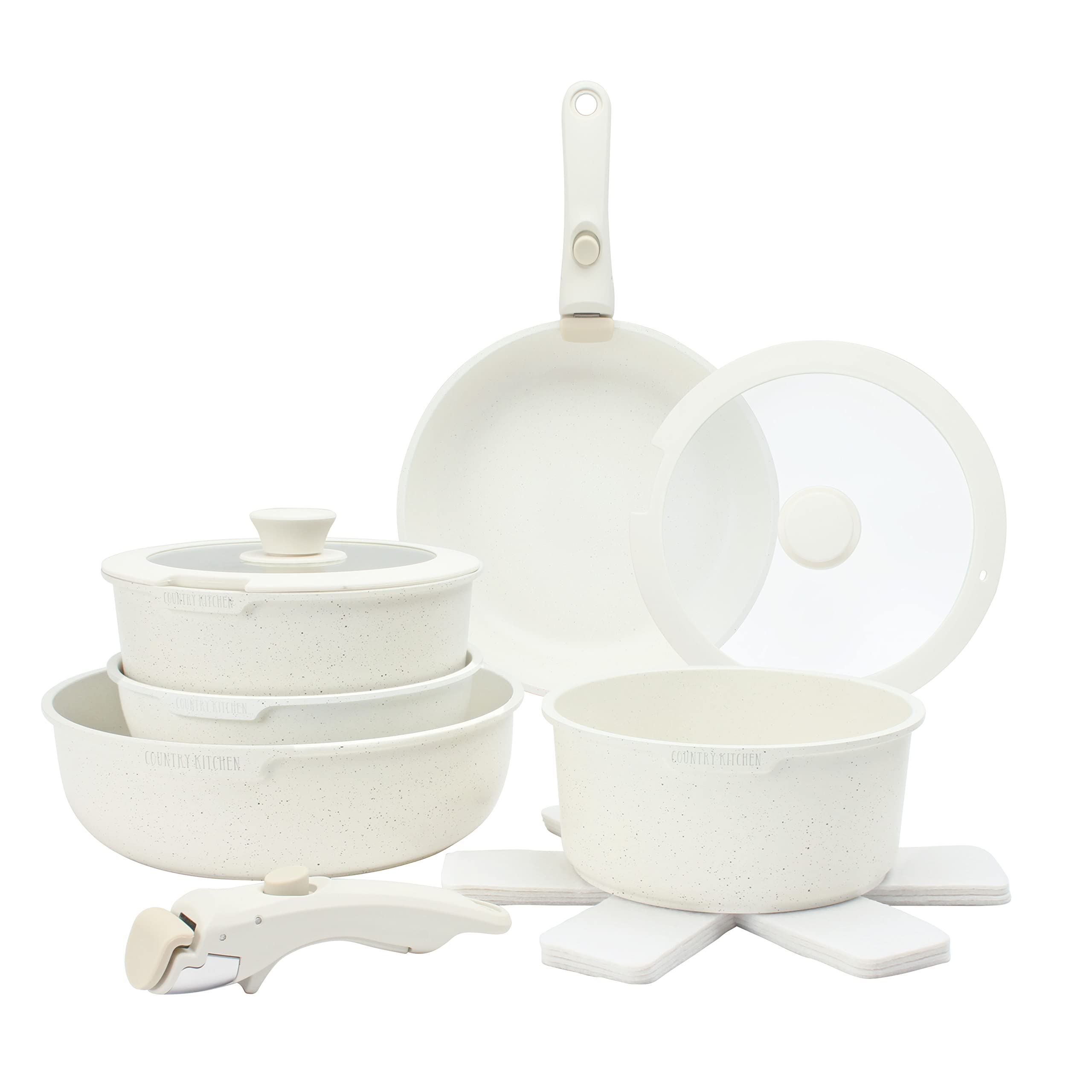 Country Kitchen Cookware Set with Removable Handle, Oven & RV Safe Pots and Pans Set, Cream, Original