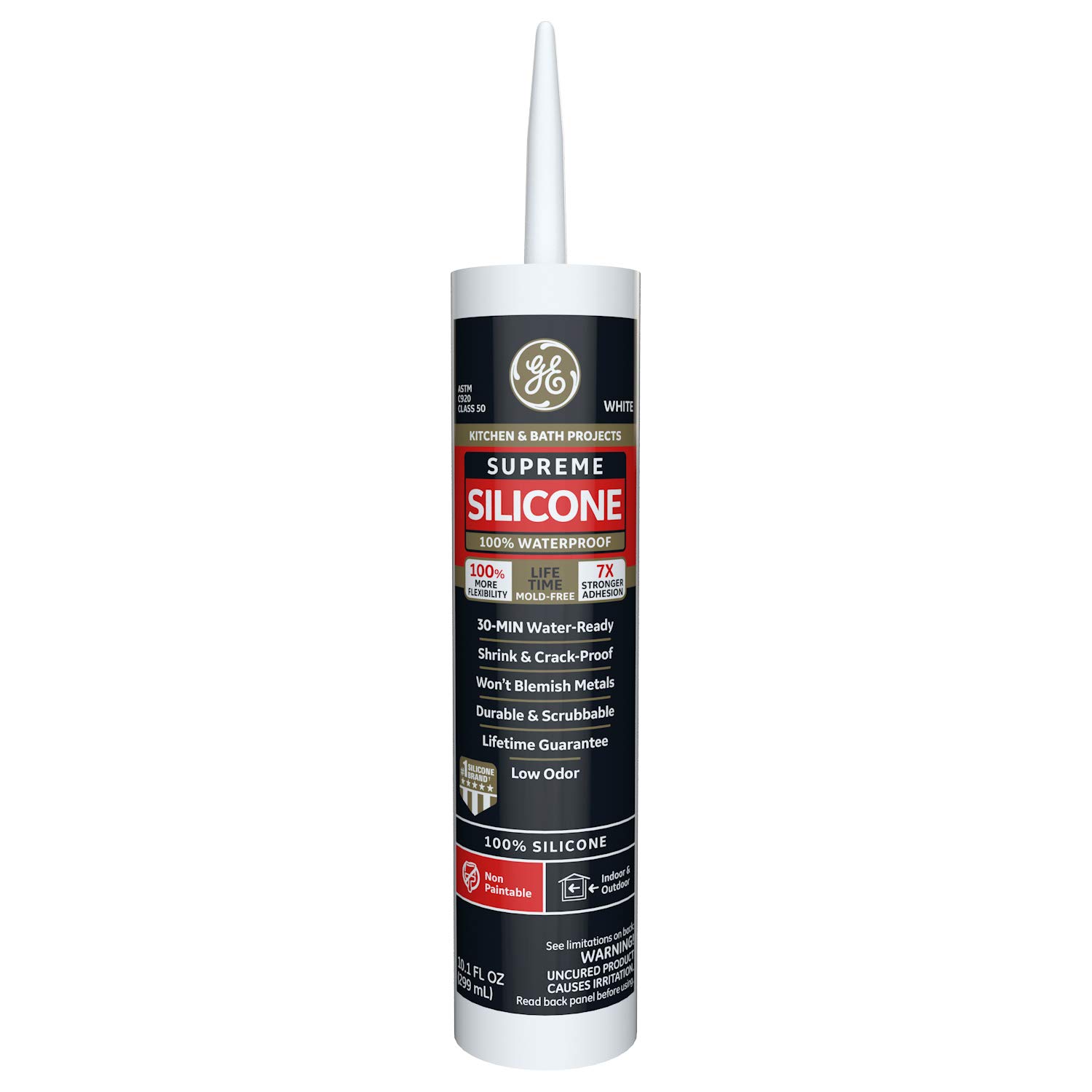 GESupreme Silicone Kitchen & Bath Sealant White, 10.1 oz, 6, Cartridge