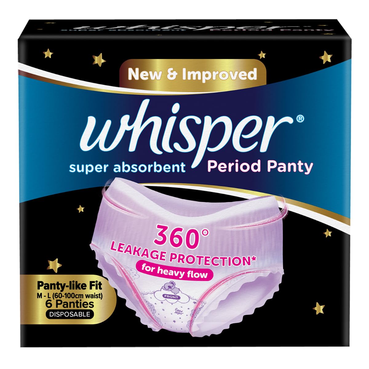 Whisper Super Absorbent Period Panty, 6 M-L Pants, 360 Degree Leakage Protection for Heavy Flow, Panty like Fit for Full back Coverage, Absorbs Heavy Gushes, Silky Soft, Comfortable Feel