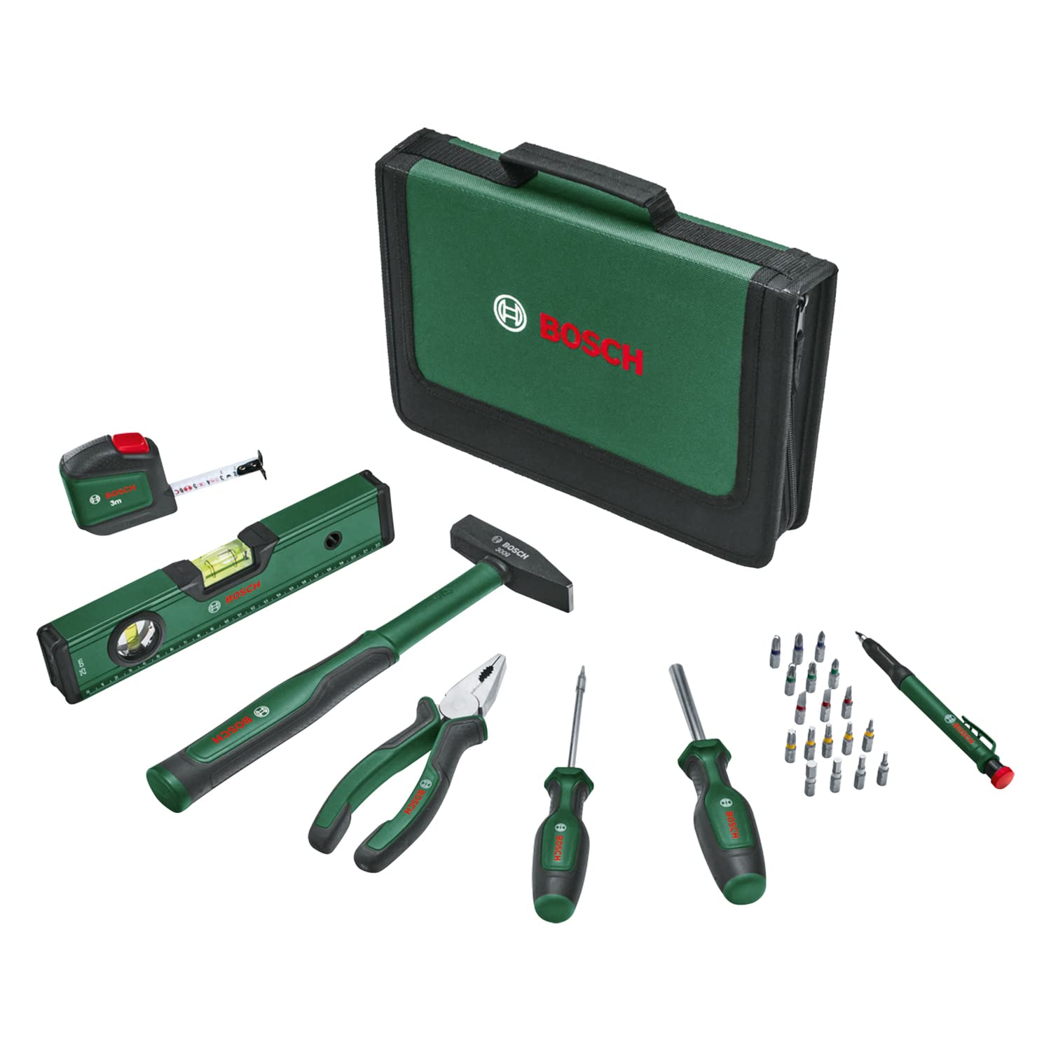 Bosch Home and Garden Universal Hand Tool Set 25-Piece (Versatile Tool Kit for General Purpose DIY Around The Home; Combination Pliers; Tape Measure; Spirit Level, 300g Hammer and More)