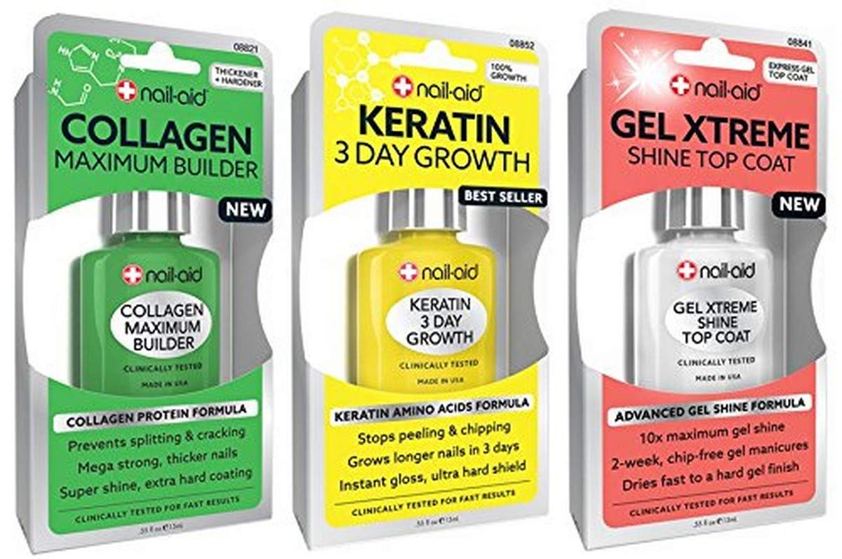 NAIL-AID Collagen Base + Keratin Growth + Gel Top Coat, Clear, 3 Count