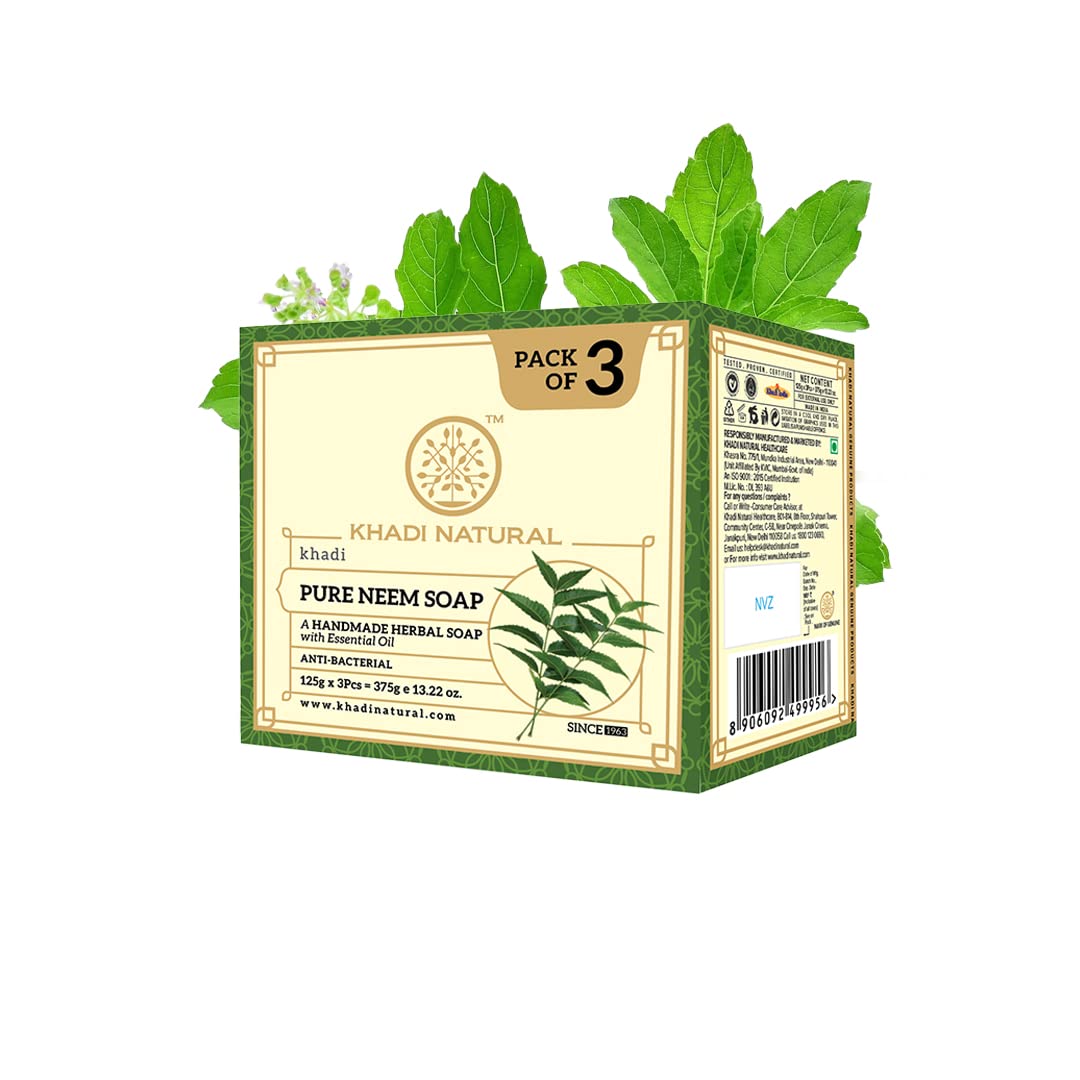 Khadi Natural Pure Neem Soap | Herbal Bathing Soap for Acne | Natural Soap with Essential Oils | Anti-Bacterial Soap | Suitable for All Skin Types, Pack of 3 | (125gm *3) (375gm)