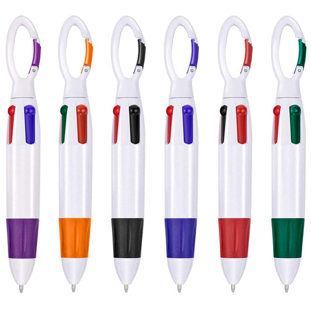 Onwon 6 Pieces Retractable Shuttle Pens 4 Neon Color in One Ballpoint Pen with Buckle Clip on Top Multi-Color Carabiner Keychain for Office School Supplies Students Children Gift (6 Pcs)