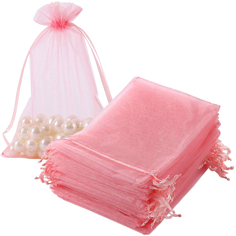 HRX Package Organza Bags Blush Pink 5x7 inch 100pcs, Mesh Jewelry Pouches Candy Bags Drawstring Empty Sachet for Wedding Baby Shower Party