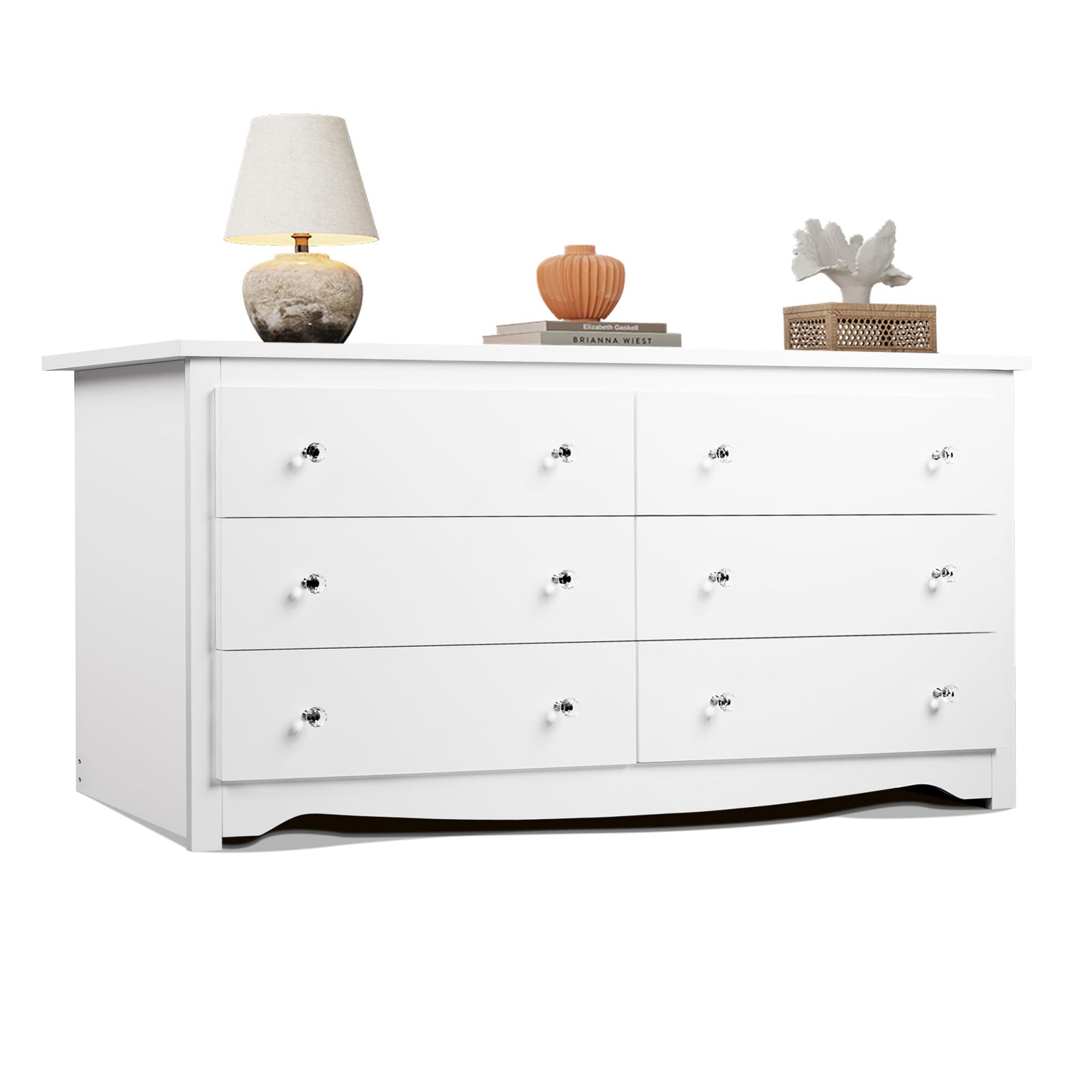 WLIVE Wood White Dresser with 6 Drawer, Wide Chest of Drawers for Bedroom, Long Nightstand with Drawers, Modern Large Storage Tower Unit, Closet Store Organizer for Living Room, Hallway