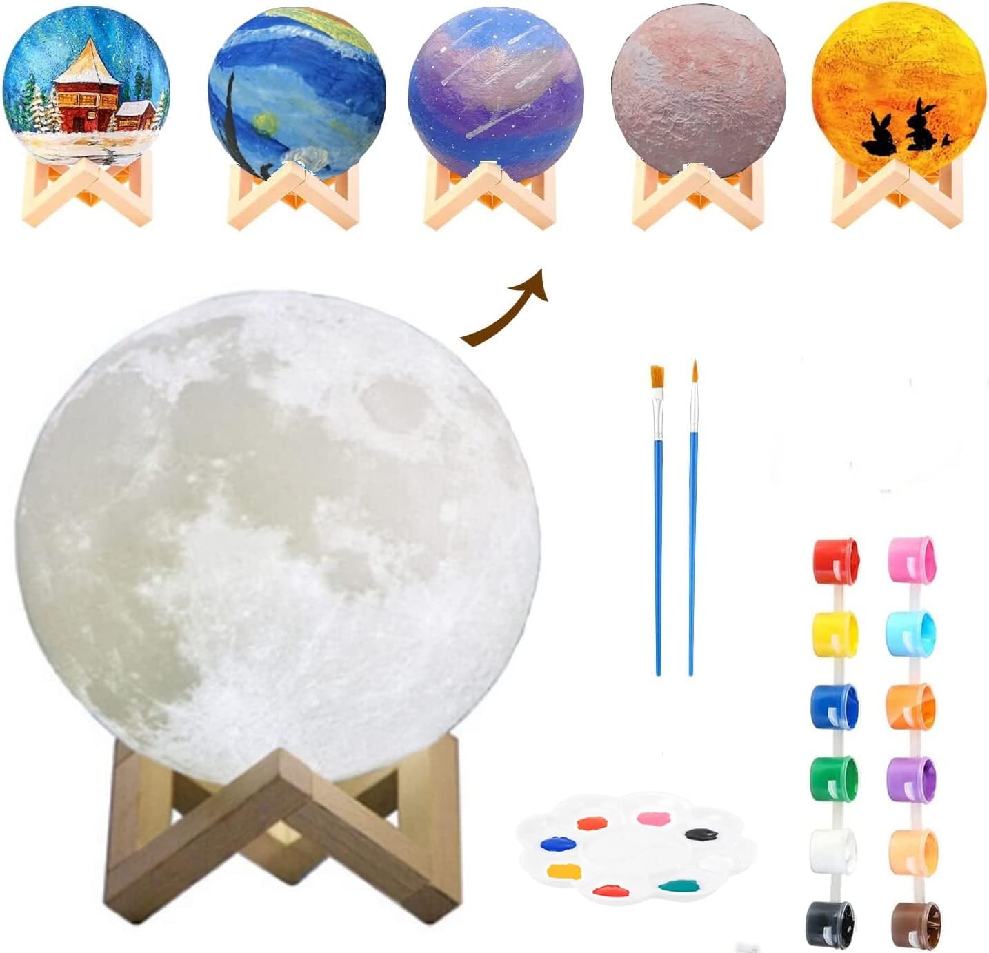 Dailychic Paint Your Own Moon Lamp Crafts Kit,Creativity Arts Supplies for Kids,DIY 3D Moon Night Light with Wooden Stand,Handmade Galaxy Light,8-12 years Girls and Boys Birthday Gift