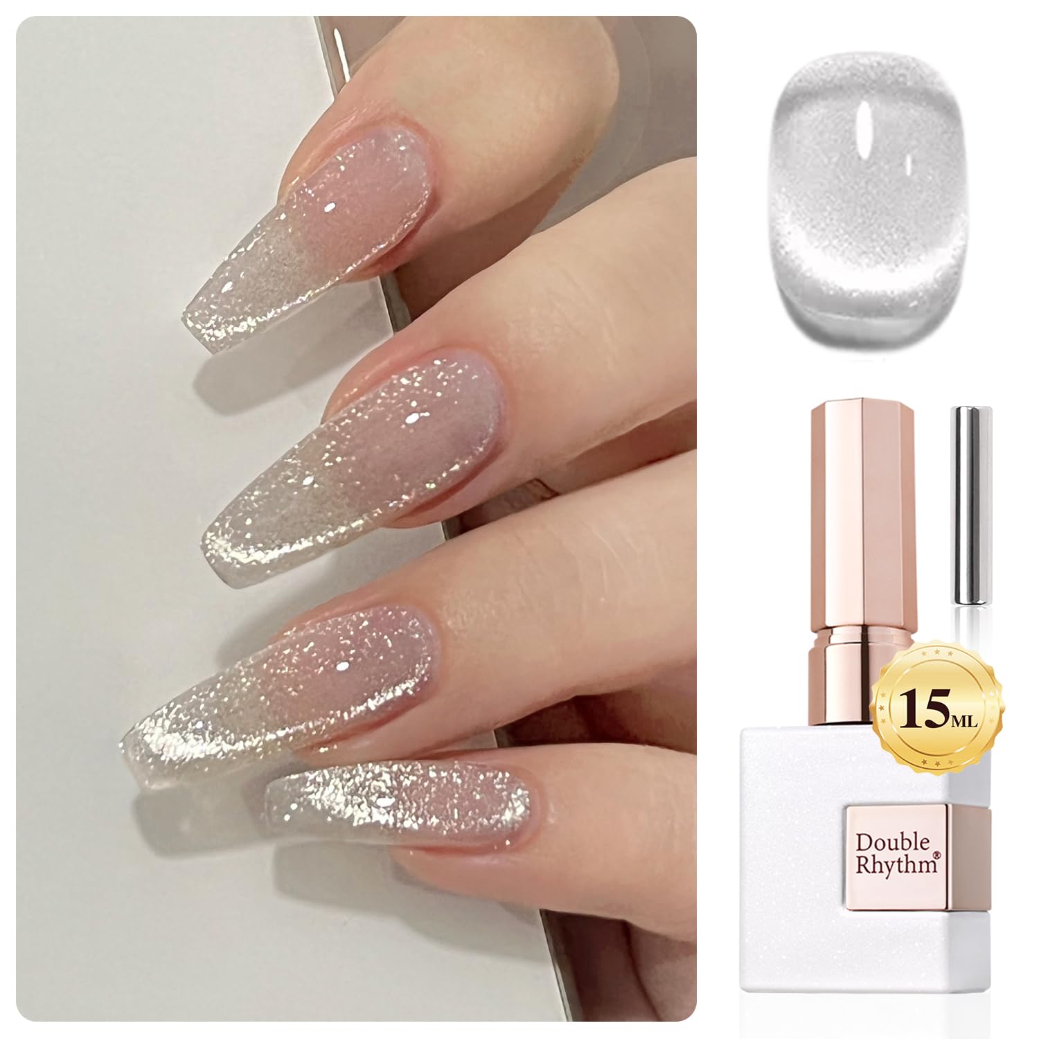 Double Rhythm0.5 OZ Cat Eye Gel Polish with Magnet 15ML Holographic Glitter Shimmer Translucent Jelly Color Magnetic Nail Polish Salon DIY at Home (MC1019)