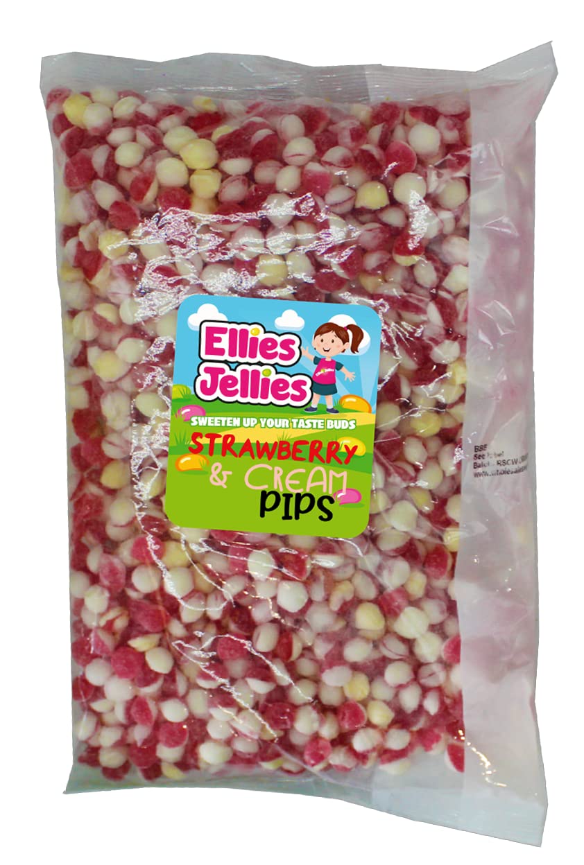 Ellies Jellies, Strawberry and Cream Pips, 1kg Bag, Pink and White Color, Creamy Taste, Hard Boiled Sweets