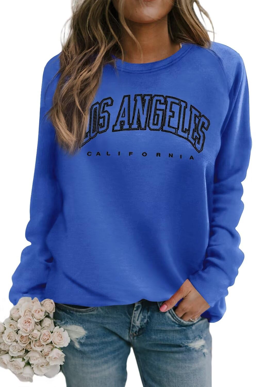 DressmineWomen's Los Angeles Crewneck Sweatshirt Casual Long Sleeve Raglan Shirts Cute Letter Print Pullover Tops Blue Meidum