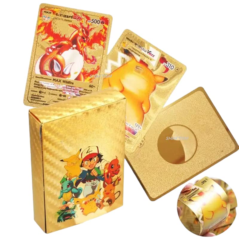 SHAKTISM Poke Trading Card Game,Poke Cards Playing Game for Kids 55 PCS Foil Card Assorted Cards TCG Deck Box V Series Cards Vmax GX Rare Golden Cards and Rare Mystery Card 55 Pcs (Golden)