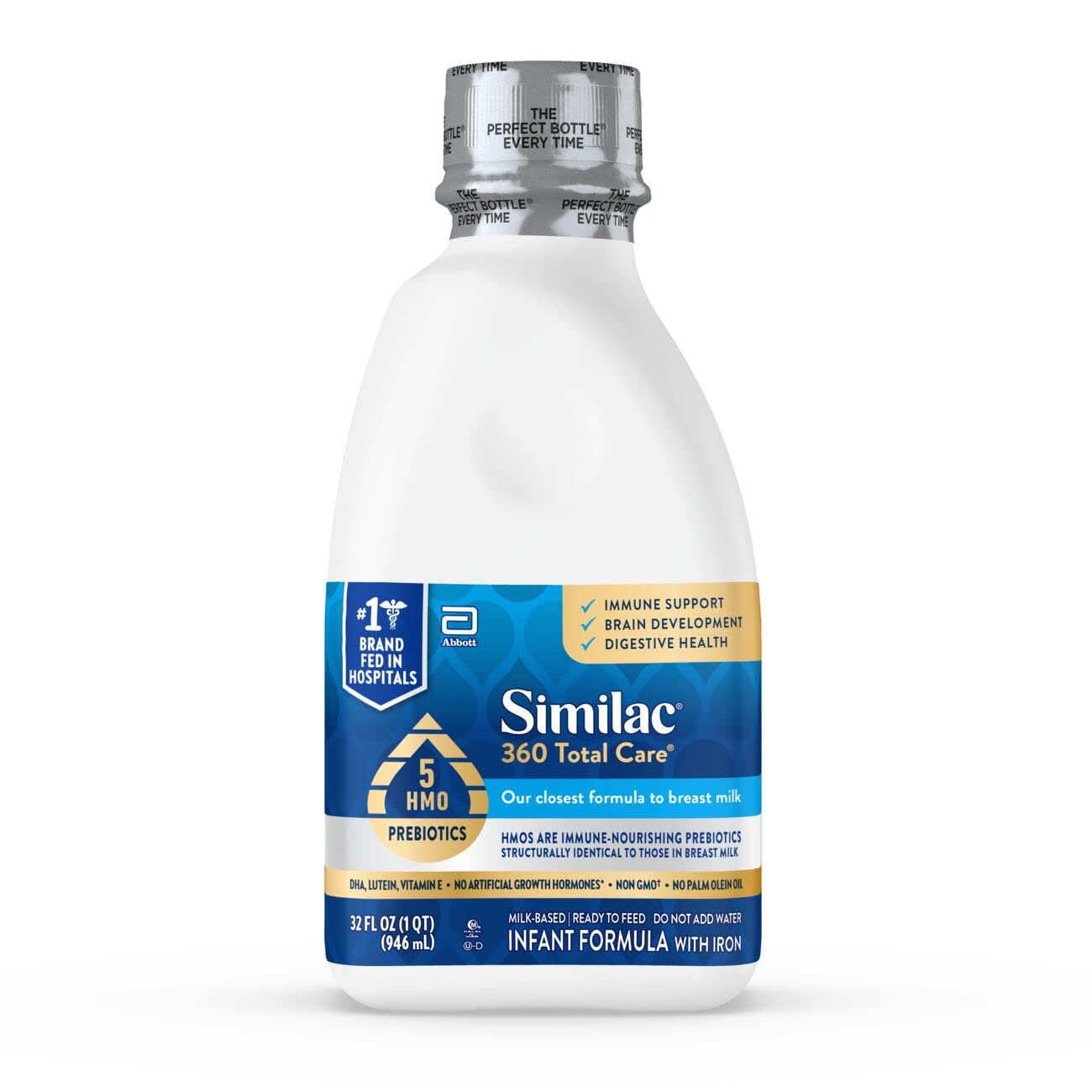 Similac 360 Total Care Infant Formula, Has 5 HMO Prebiotics, Our Closest Prebiotic Blend to Breast Milk, Non-GMO,‡ Baby Formula, Ready to Feed, 32-fl-oz Bottle