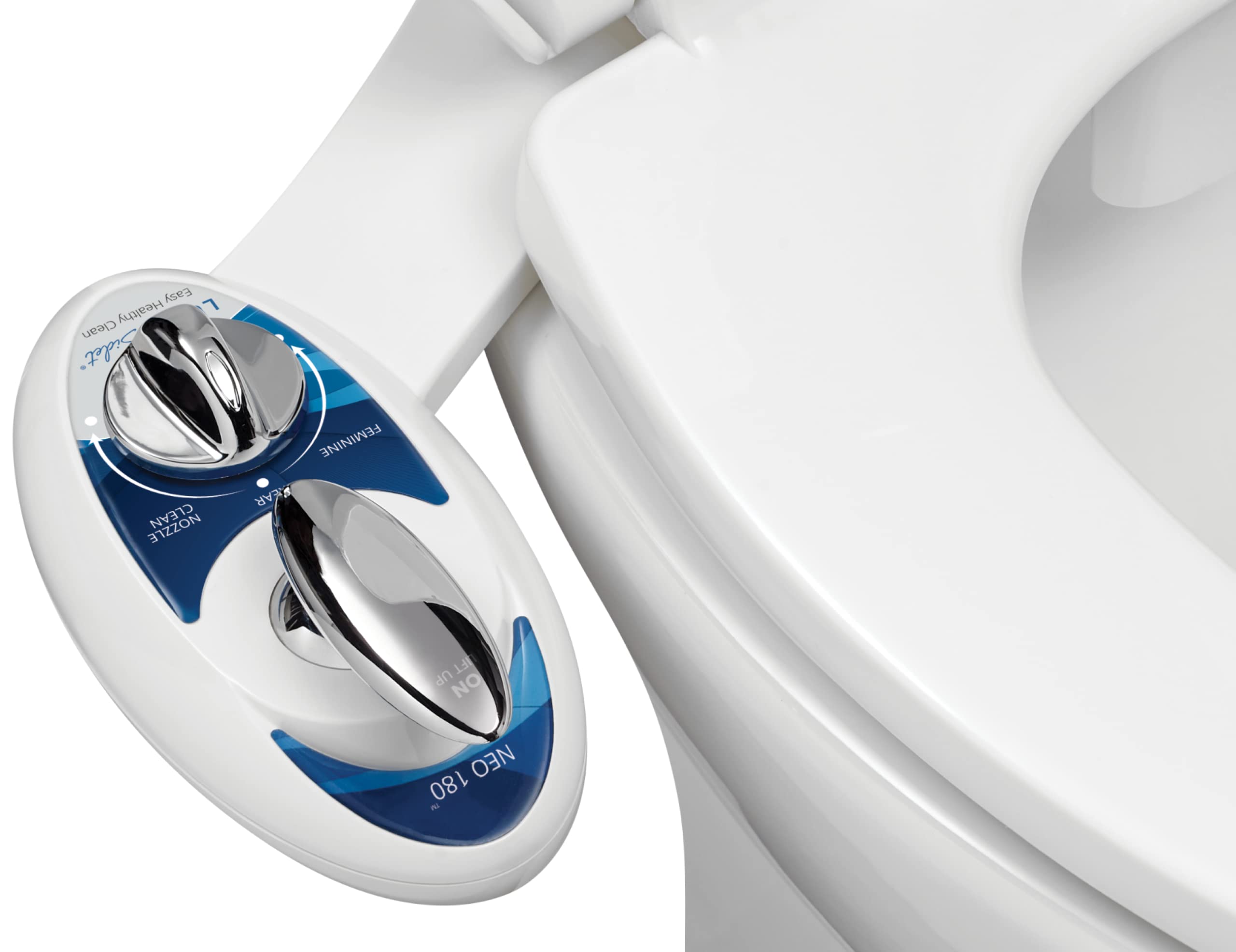 LUXE Bidet NEO 180 - Self-Cleaning, Dual Nozzle, Non-Electric Bidet Attachment for Toilet Seat, Adjustable Water Pressure, Rear and Feminine Wash, Lever Control (Blue)