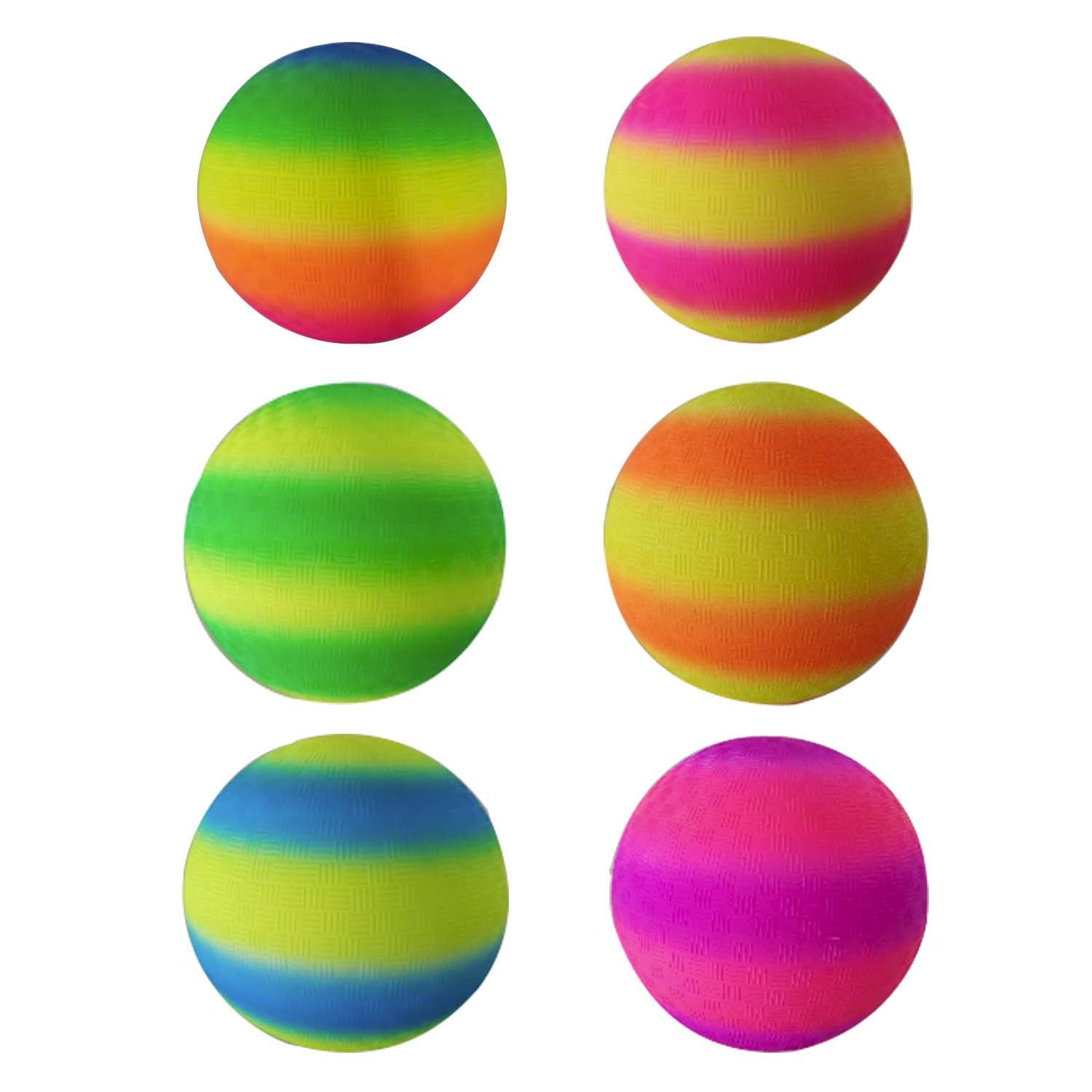 6 Pack 8.5 Inch Playground Balls with Hand Pump and 6 Portable Ball Net Bags Inflatable Rainbow Sports Balls for Kids Toddlers Adults Kickballs Dodgeball Handballs Recess Balls Indoor Outdoor Games