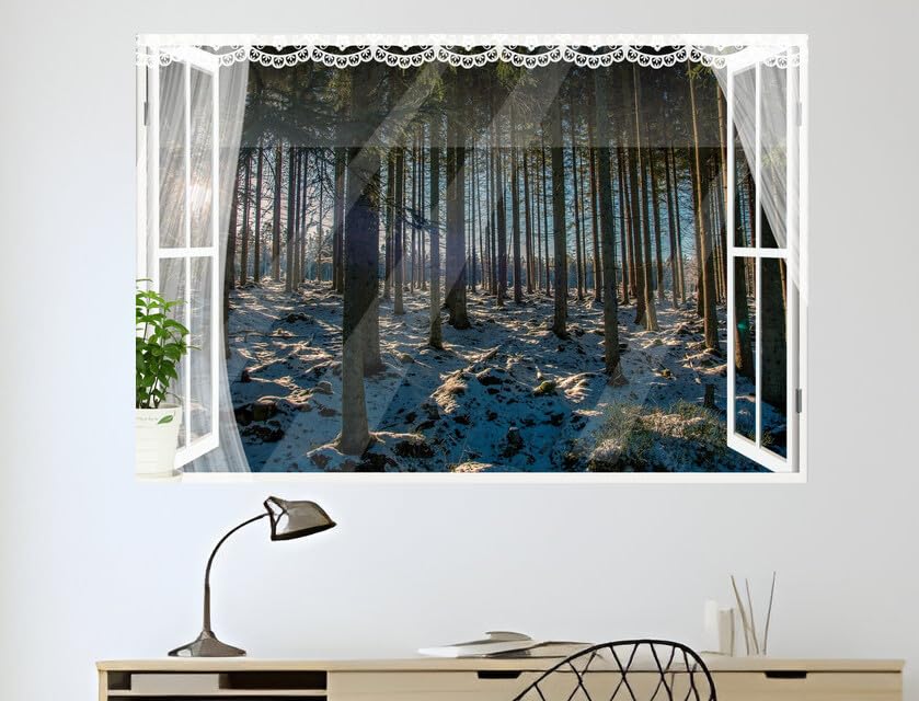 JVERF - JZZB21030 Forests Trees Snow Sun| Self-Adhesive Open Window Wall Sticker