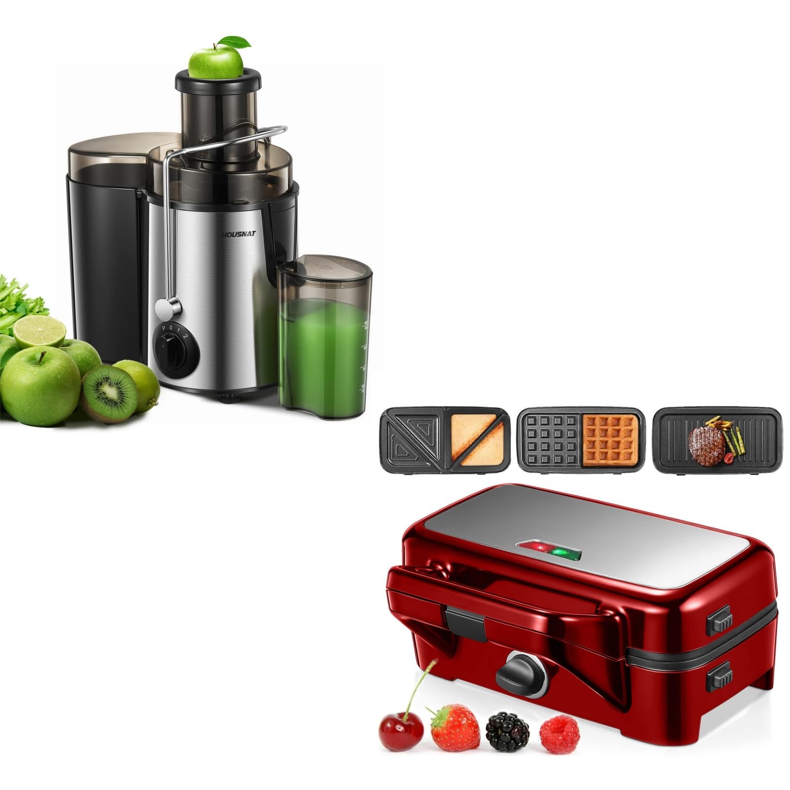 Juicer Machine 400W & Sandwich Maker, 1200W 3 in 1 Waffle Maker with Removable Plates, red