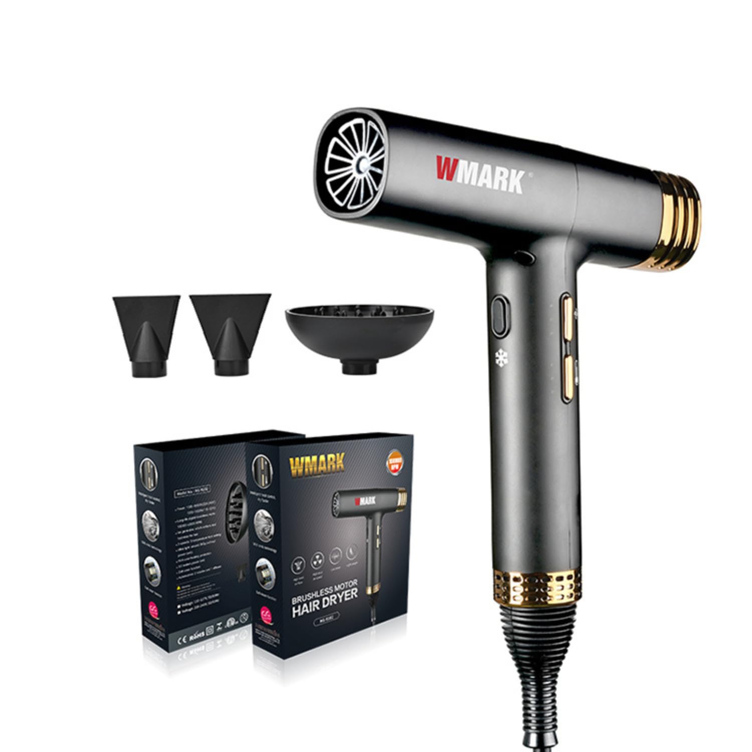 WMARK NG-9102 Bldc Hair Dryer, 10000H+ Brushless Motor,Ionic Technology,1300-1650W,100000 Rpm Fast Drying 3 Speed 3 Temp Settings Cool Shot Button,Hair Dryer For Women,Men,Salon,Home Only 260g Weight