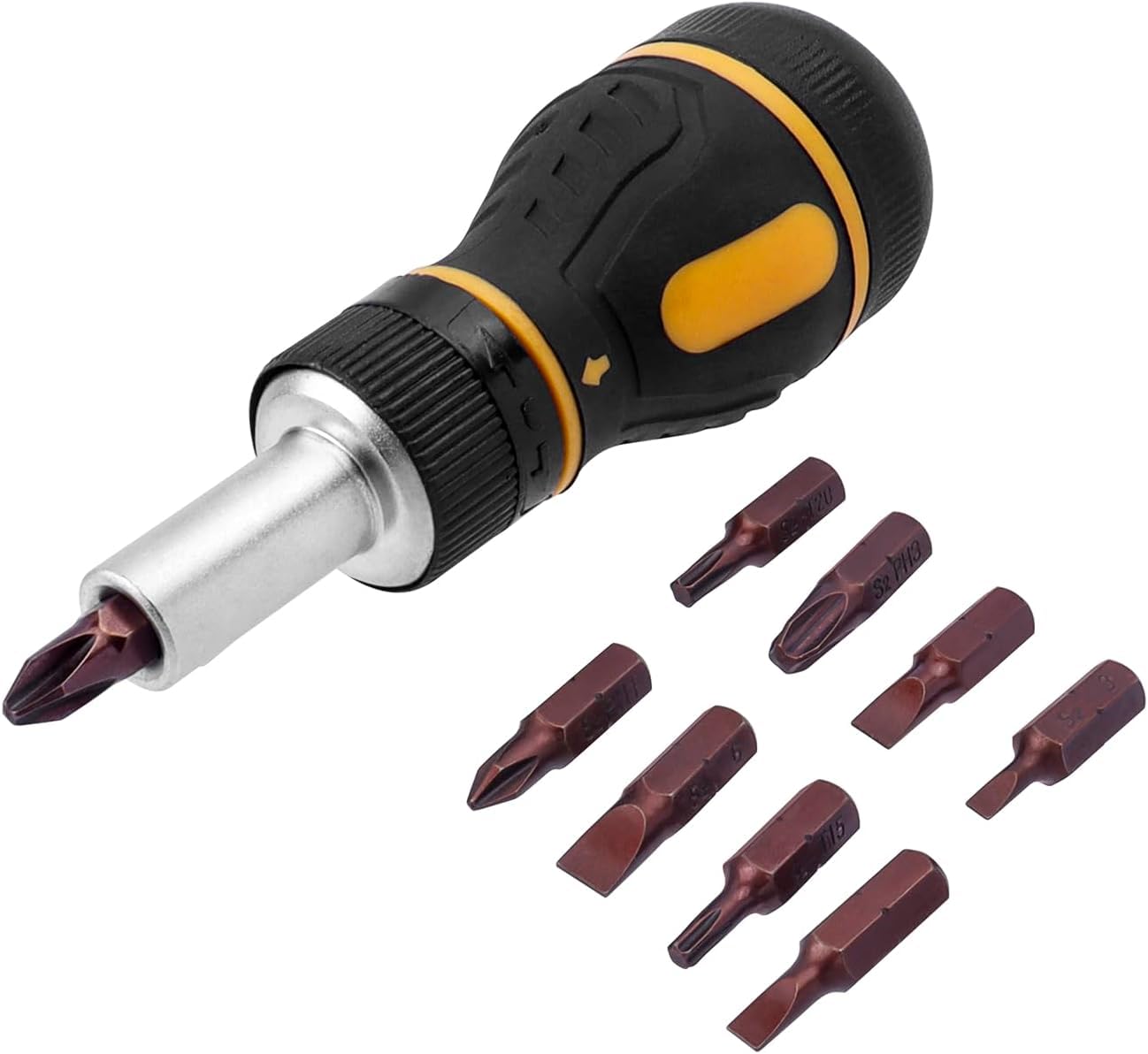 9 in 1 Stubby Ratcheting Screwdriver, Bestgle Mini Multi-Bit Magnetic Screwdriver Tool with Torx Security, Flat Head, Phillips and 1/4 Nut Driver