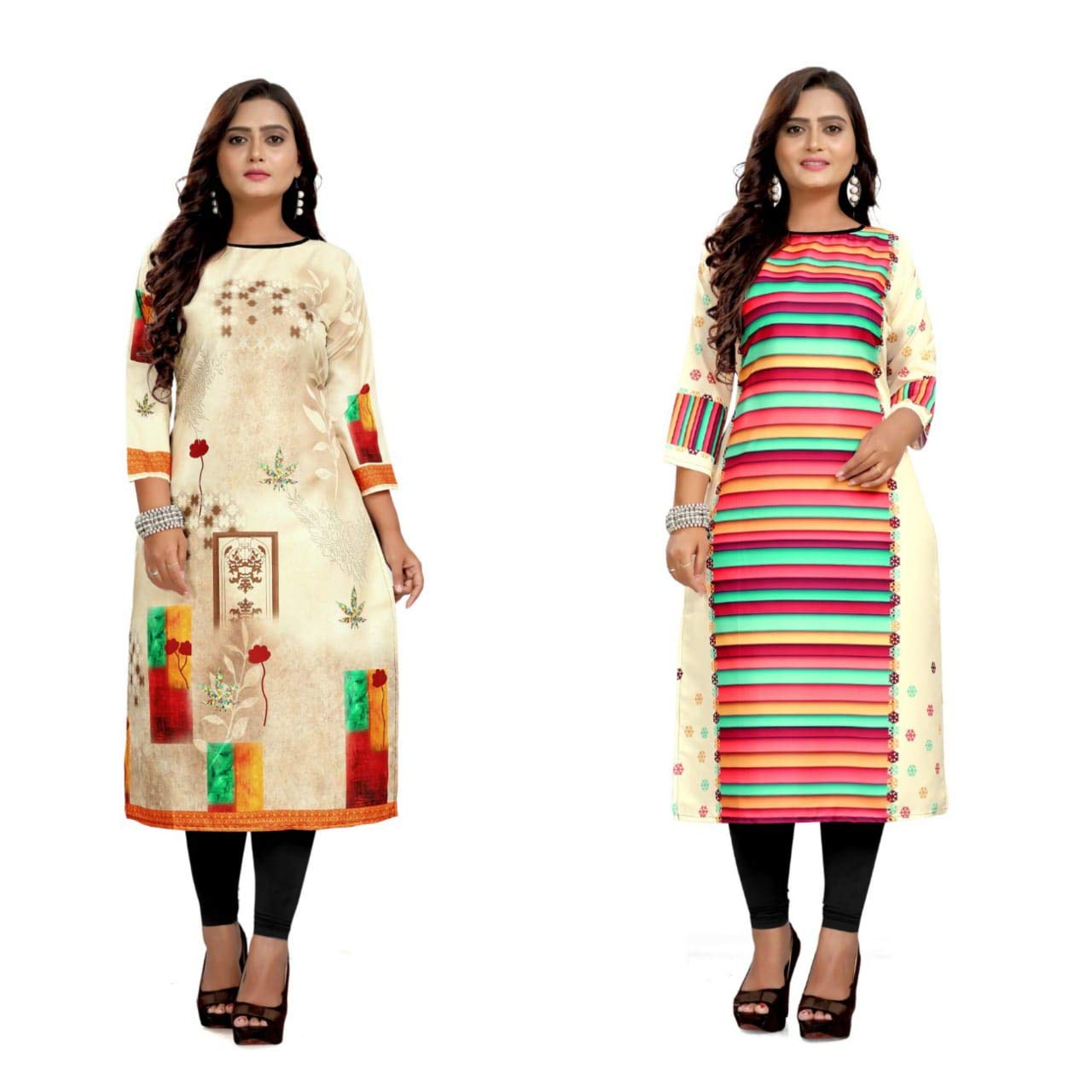 Aarohi FashionWomen's Straight Digital Printed Crepe Stitched Kurti (Multicolored) (Pack of 2)