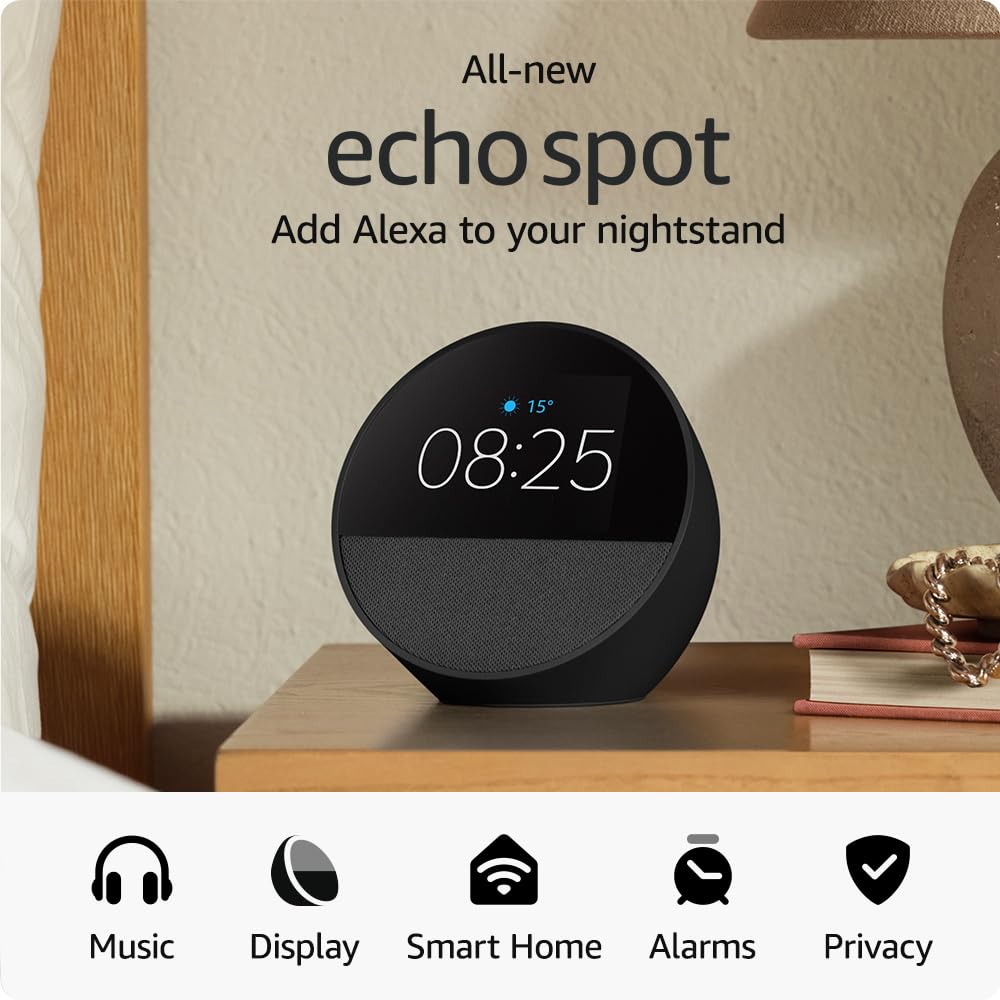 All-new Echo Spot (2024 release), Smart alarm clock with vibrant sound + Alexa, Black