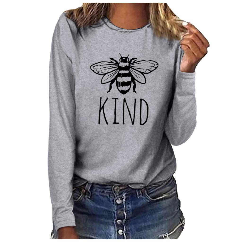 Lazzboy WomenLazzboy Tops Womens Long Sleeve T-Shirt Casual Bee Letters Print Crew O Neck Loose Fit Newchic Pullover Blouse Jumper