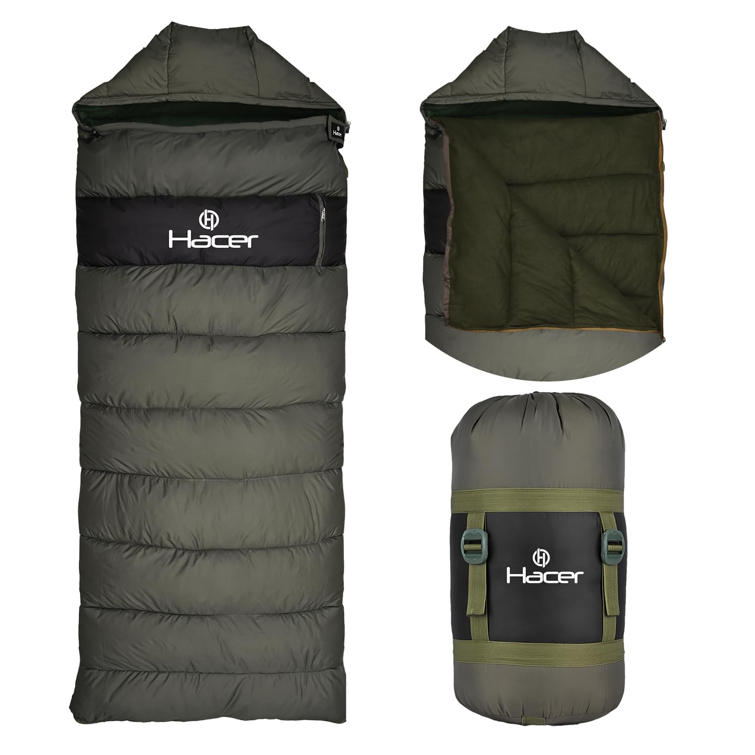 Hacer Kedarkantha Camping Sleeping Bag -5°C to +5°C Half Mummy & Rectangle Shape Fleece Lining Comfortable Hiking Trekking Bags for Baby Men Women Height Upto 7.2ft- (Green & Mehendi, 2 kg)