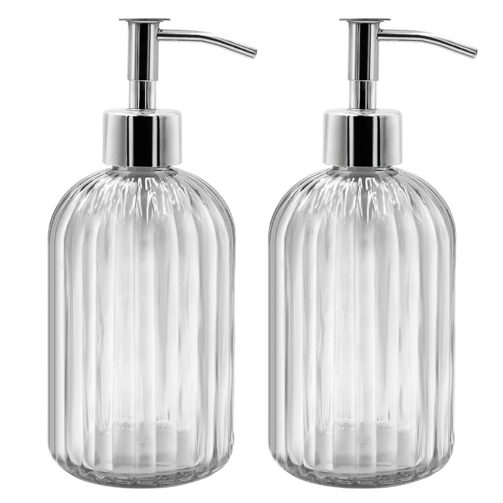 2 Pack Glass Soap Dispenser Bottle with Pump, 14 Oz Refillable Liquid Hand Jar Dispenser for Bathroom, Countertop, Kitchen, Laundry Room (Transparent)