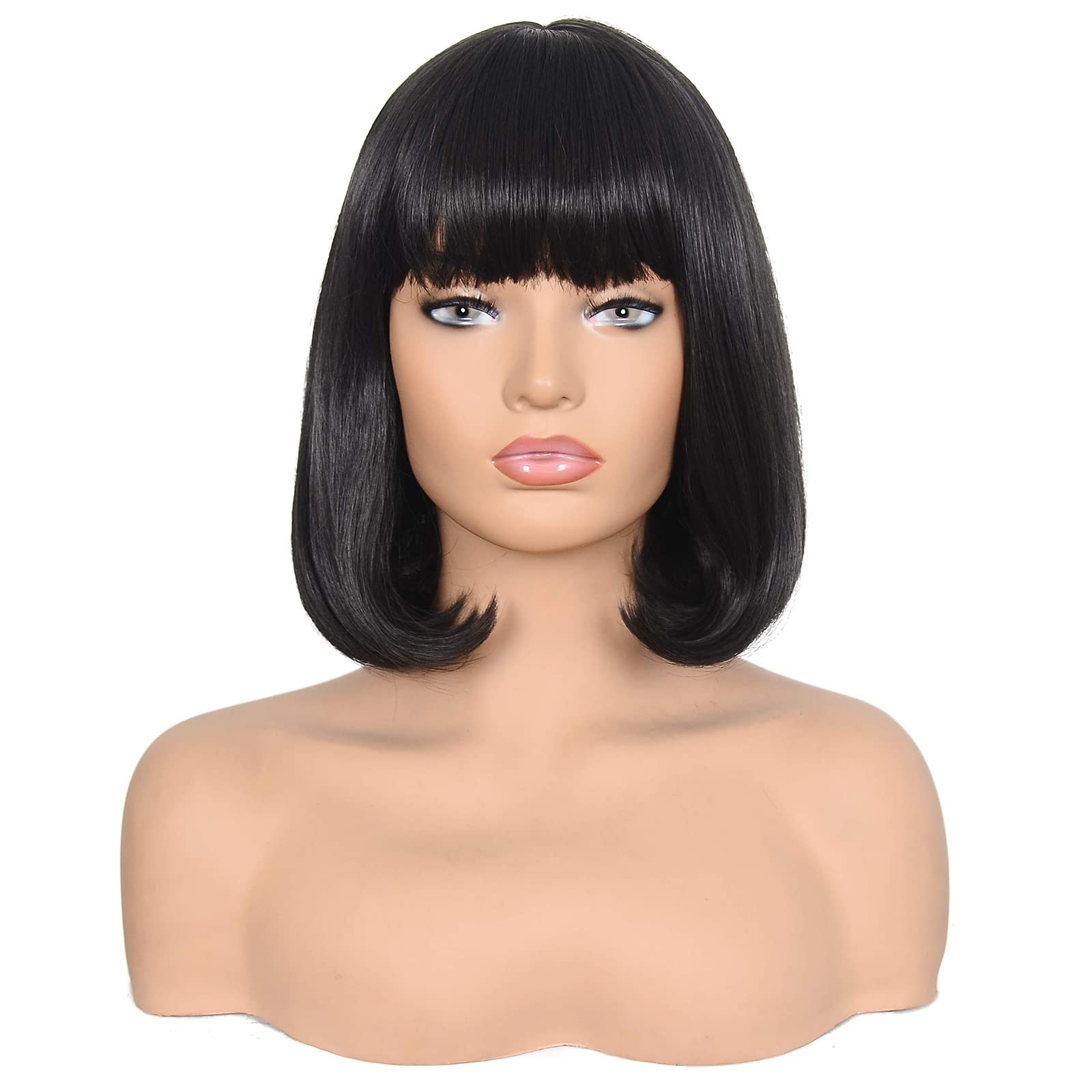 (36cm , 2 Black) - Morvally Short Straight Bob Wig Heat Resistant Hair with Blunt Bangs Natural Looking Cosplay Costume Daily Wigs (36cm , 2 Black)