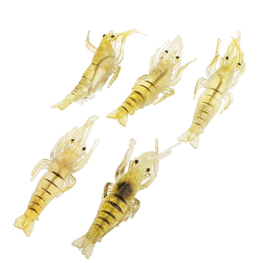 Shrimp Fishing Simulation Soft Prawn Lure Hook Tackle Bait Lures for Bream Bass Flathead Whiting Snapper (Yellow), 5Pcs