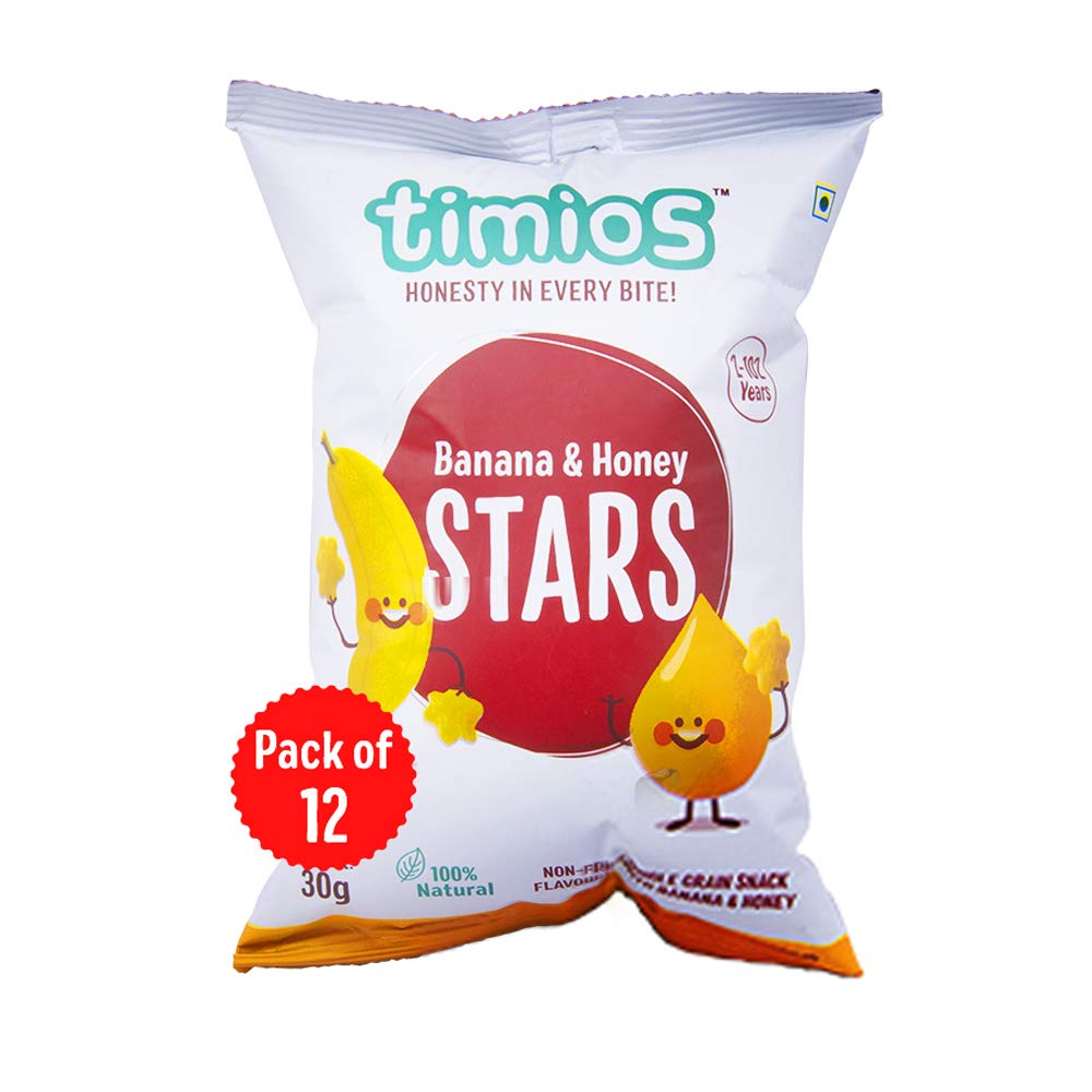 Timios Banana and Honey Stars | Healthy Snacks for Kids | Natural Energy Food Product for Toddlers | Party Snack for School Children 2+ Years | Pack of 12