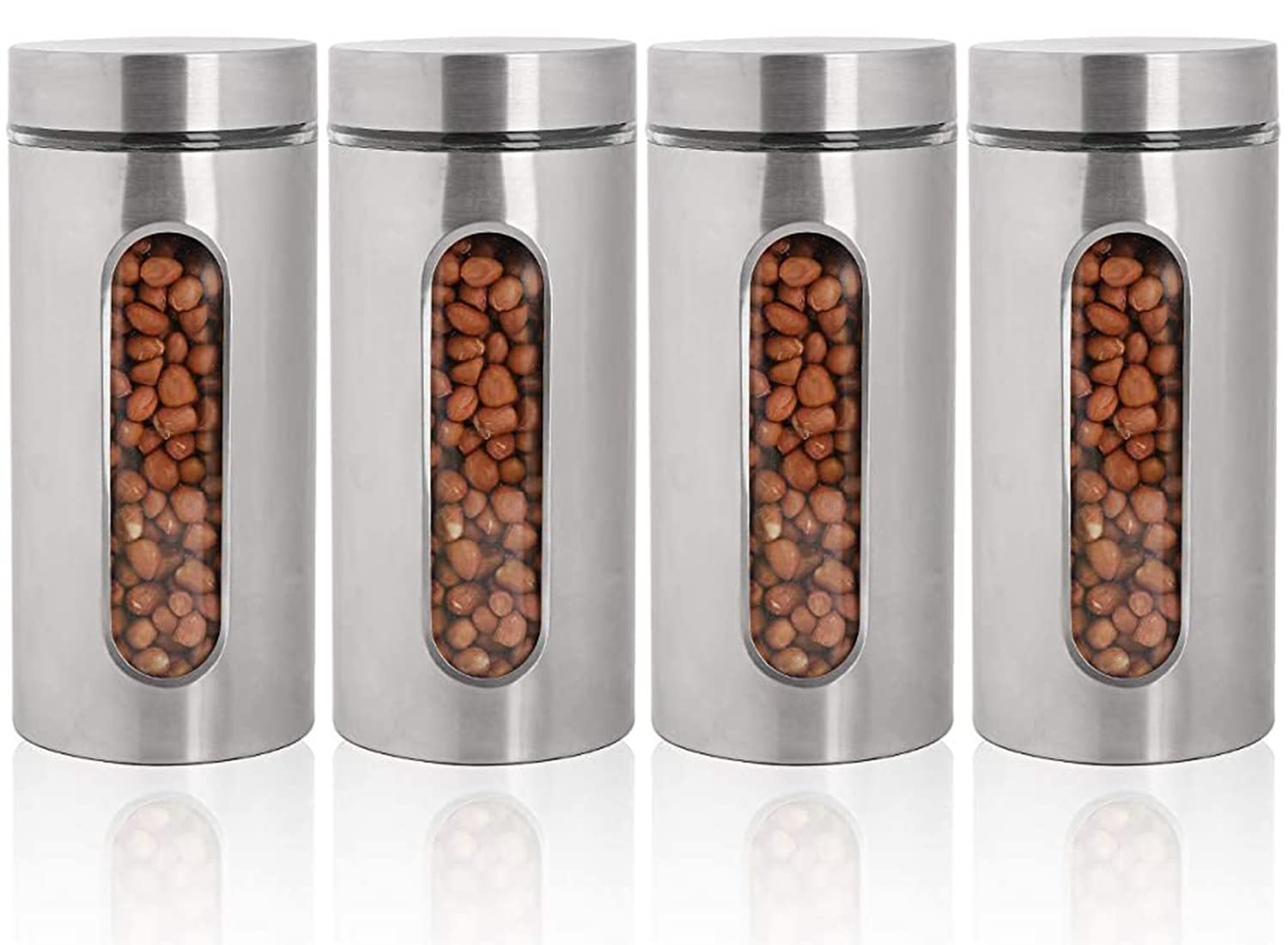 GGEROU Stainless Steel Food Storage Canister Sets with Glass Visible Window & Airtight Lids,Set of 4 Airtight Sugar Coffee Tea Candy Storage Jars，Food Storage Containers Grain Storage Tank (L：1300ml)