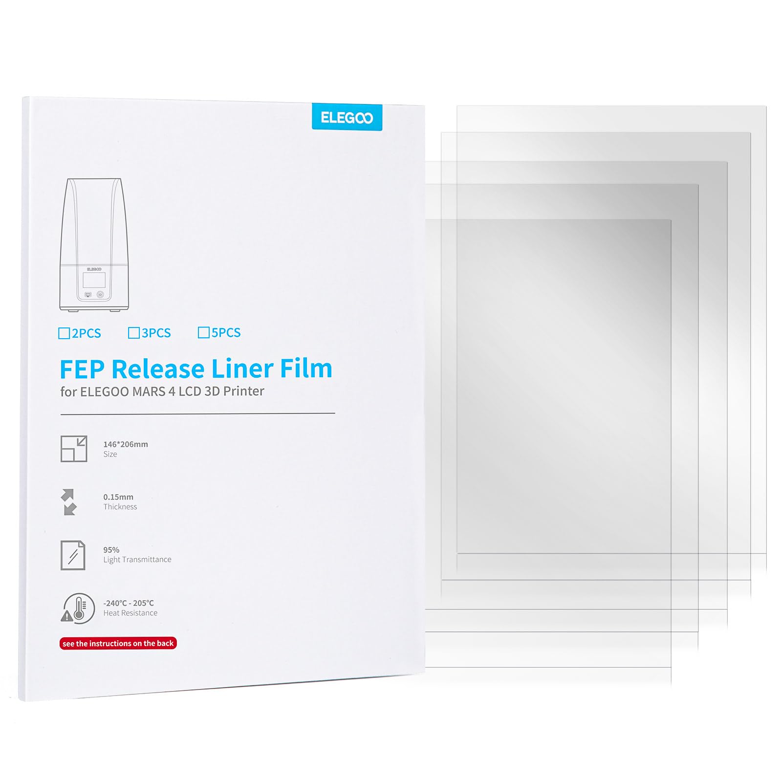 ELEGOO5PCS FEP Release Film for Mars 4 LCD 3D Printer with 95% Light Transmittance, 206 * 146mm, 0.15mm Thickness