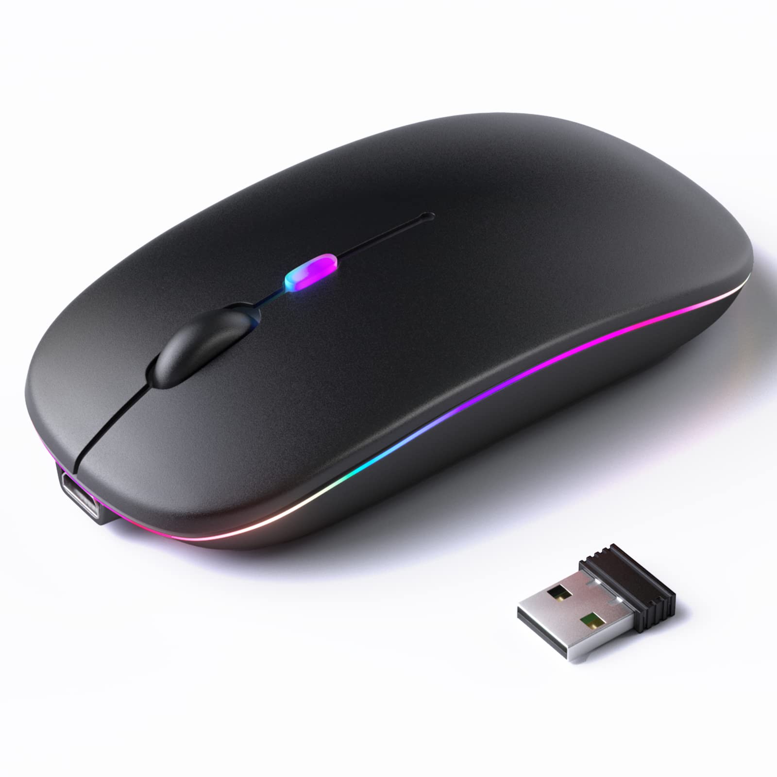 Wireless Bluetooth Mouse, Rechargeable LED Dual Mode Mouse (Bluetooth 5.2 and USB Receiver) Portable Silent Mouse,for Laptop/Desktop/Tablet (Black)