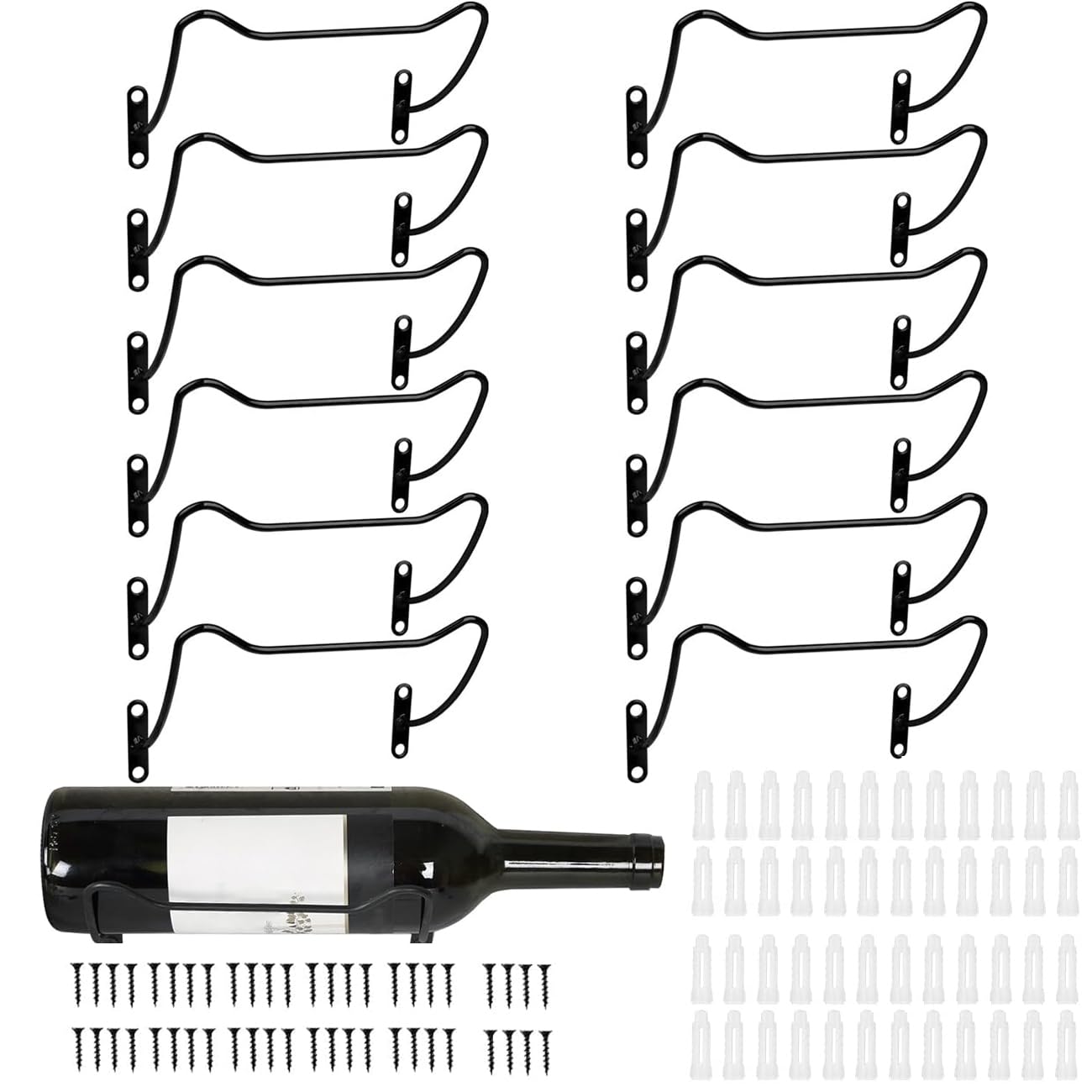 LENND12 Pcs Wine Wall Holder, Wall Mounted Wine Rack, Metal Wine Bottle Display Holder for Wine Storage Wall Wine Theme Decor, Black (Level Style)