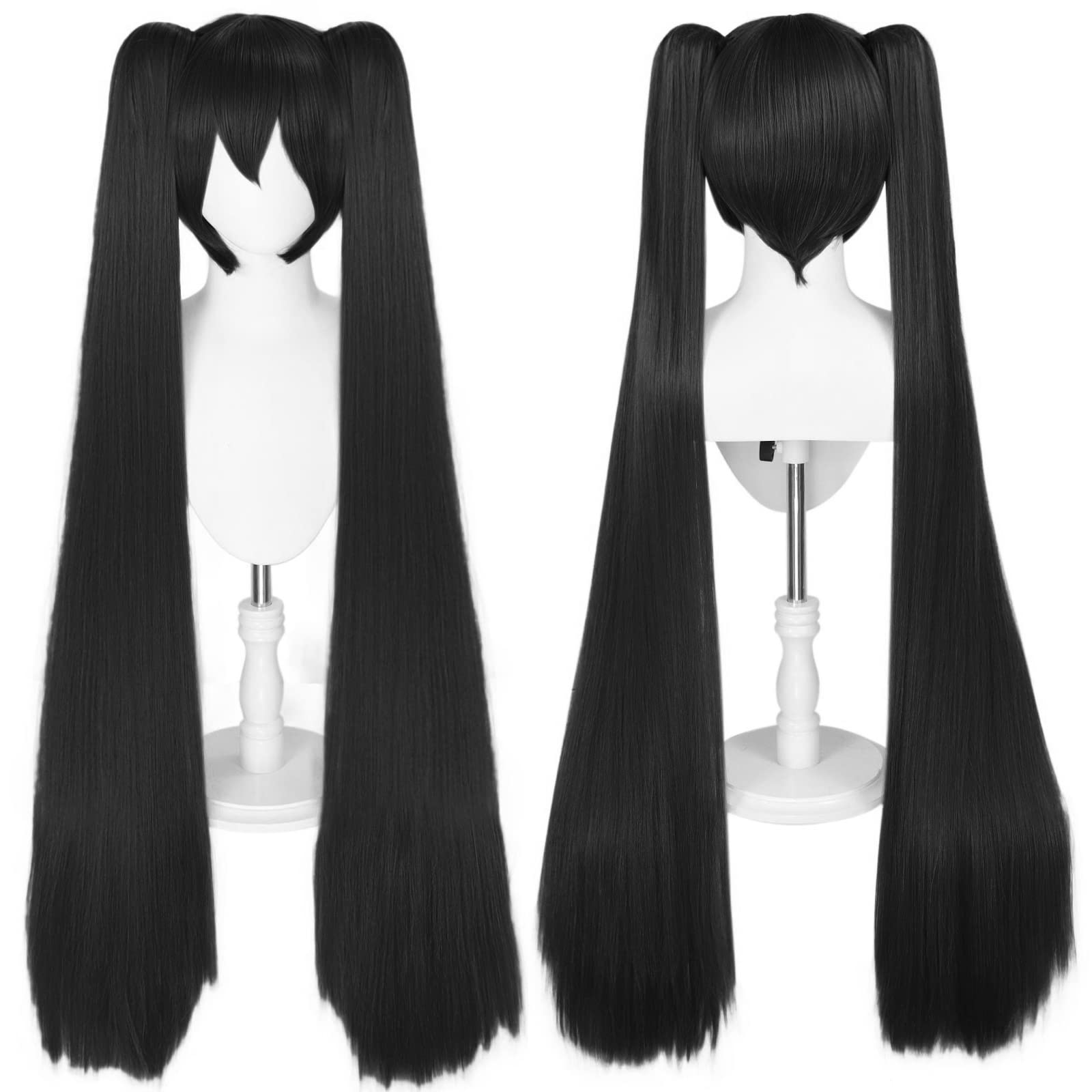 ANOGOL 120CM Black Wig with Double Ponytails Wigs for Girls Long Straight Cosplay Wig with Bangs Synthetic Hair Wig Costume for Anime