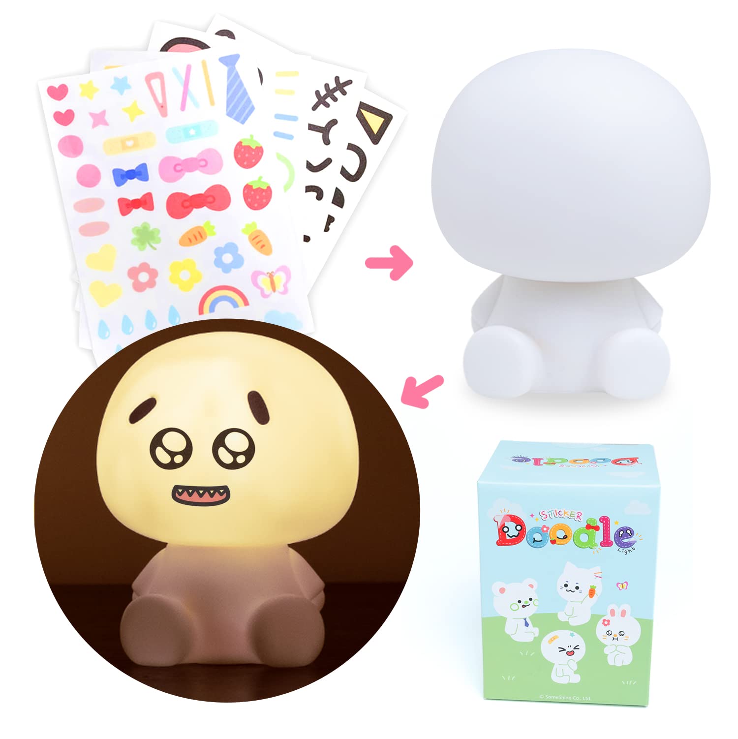 SomeShineNursery Night Light for Kids, Cute NightLights for Kids Room, Doodle Kids Lamp for Baby Boy Girl Bedroom, Rechargeable and Portable Kawaii Toddler Night Light with 4 Sticker Sheets (Pang)