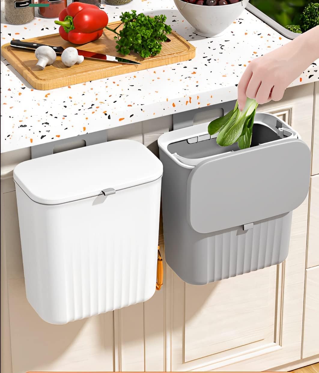 KEYOZA Hanging Trash Can for Kitchen Cabinet Door with Lid, Small Under Sink Garbage Can for Bathroom, Wall Mounted Counter Waste Compost Bin, Plastic (White)