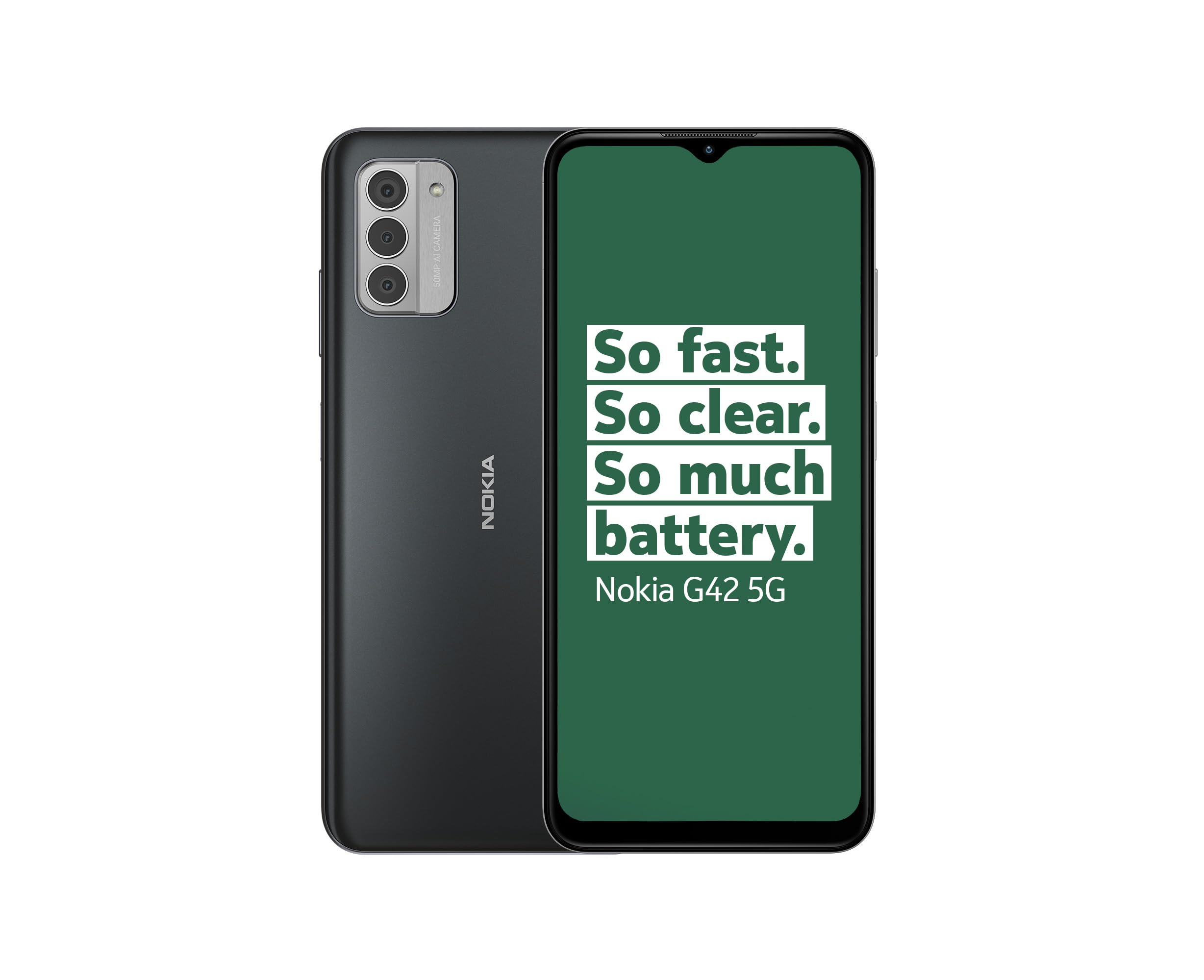 NokiaG42 5G 6.56” HD+ Smartphone Featuring Triple rear 50MP AI camera, 6GB/128GB Storage, 3-day battery life, Android 13, OZO 3D audio capture, QuickFix repairability and Dual SIM - Grey