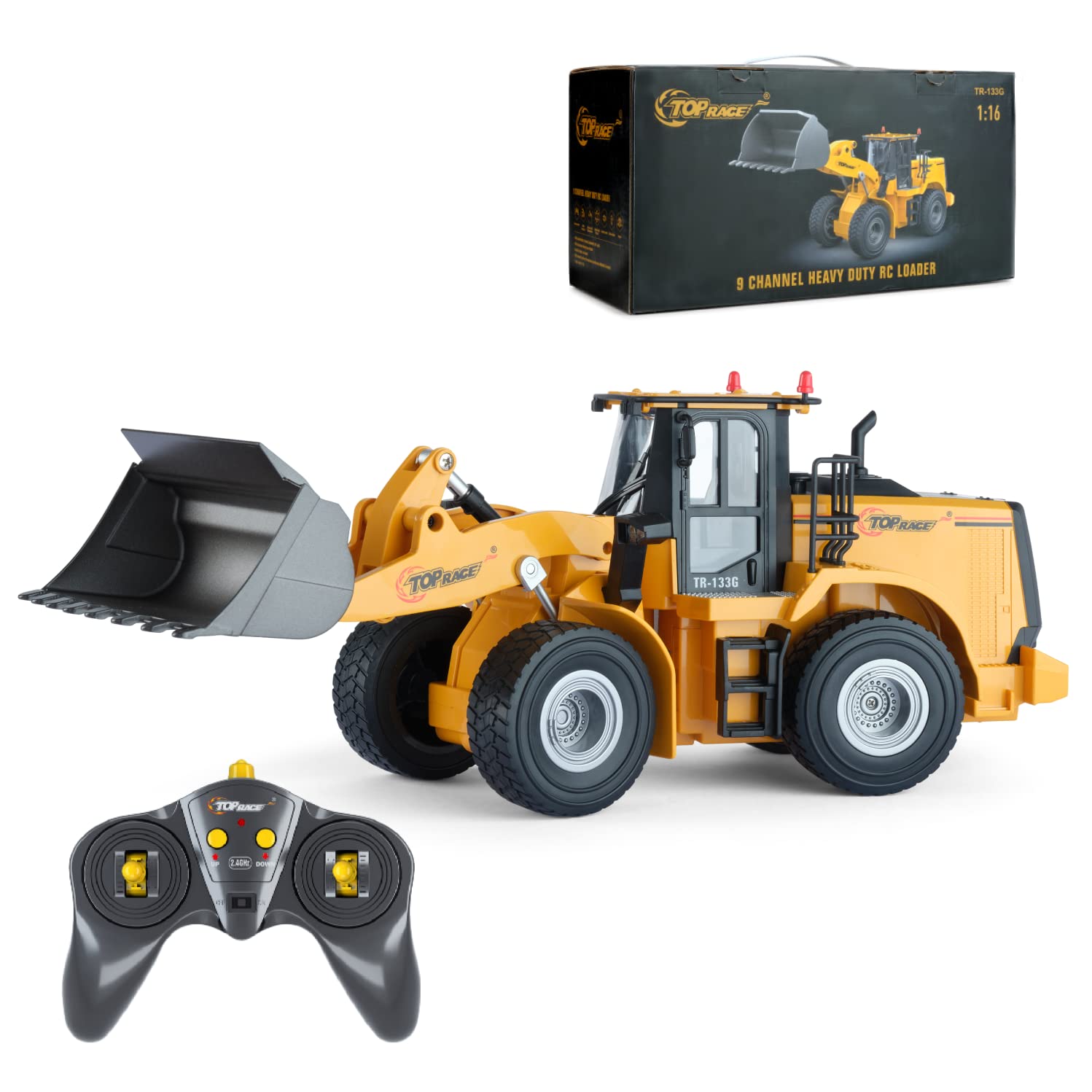 Top Race 9 Channel Heavy Duty Front Loader RC Tractor - Realistic Lights & Sounds, Simulated Manipulation, 1:16 Scale, Hobby Grade