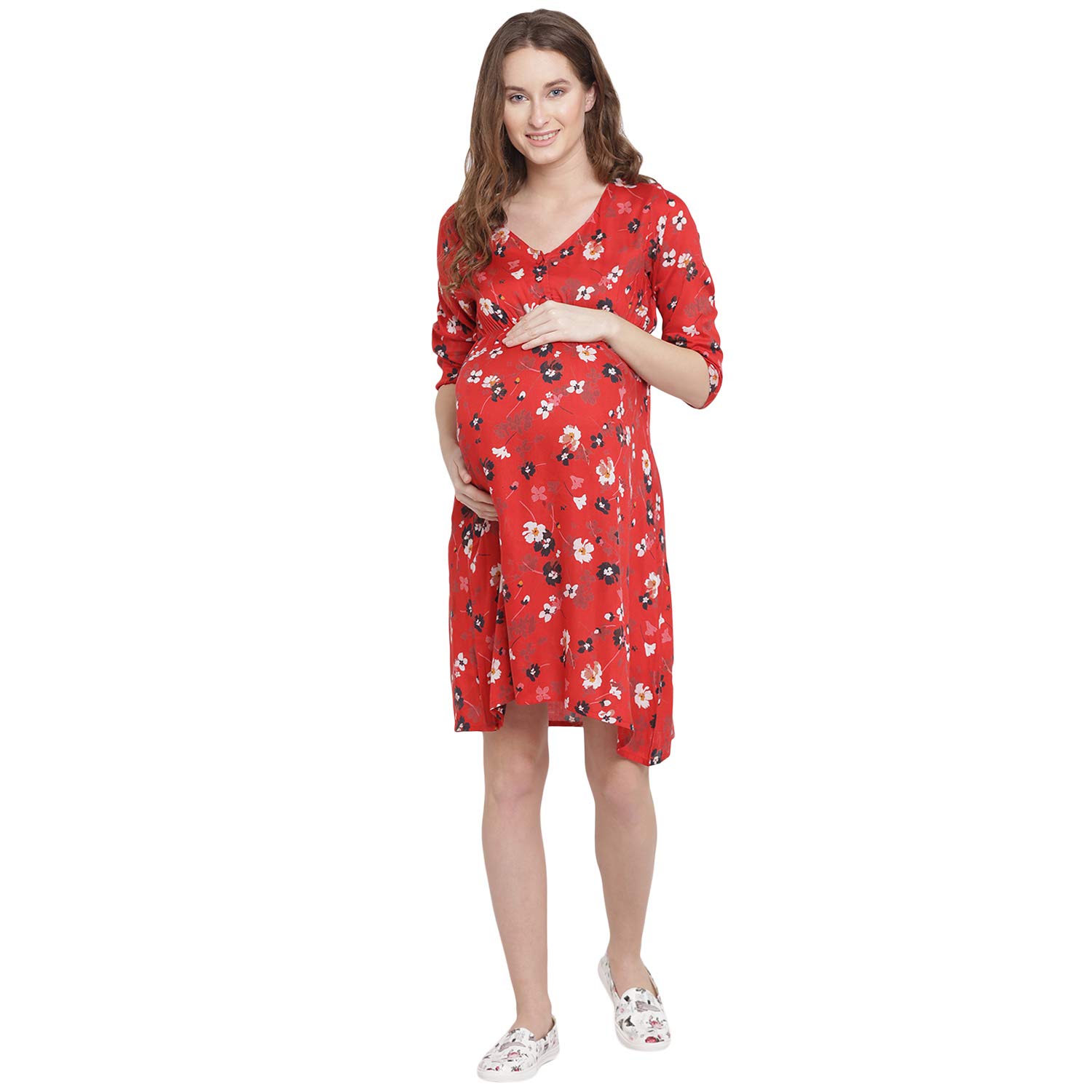 Mine4Nine Women's Rayon A-line Maternity Dress in Red