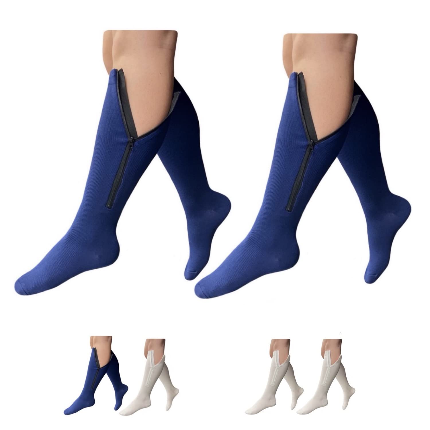 HealthyNeesClosed Toe 15-20 mmHg Compression Zipper Socks White Navy 2 Pairs (Small-Medium, Navy)