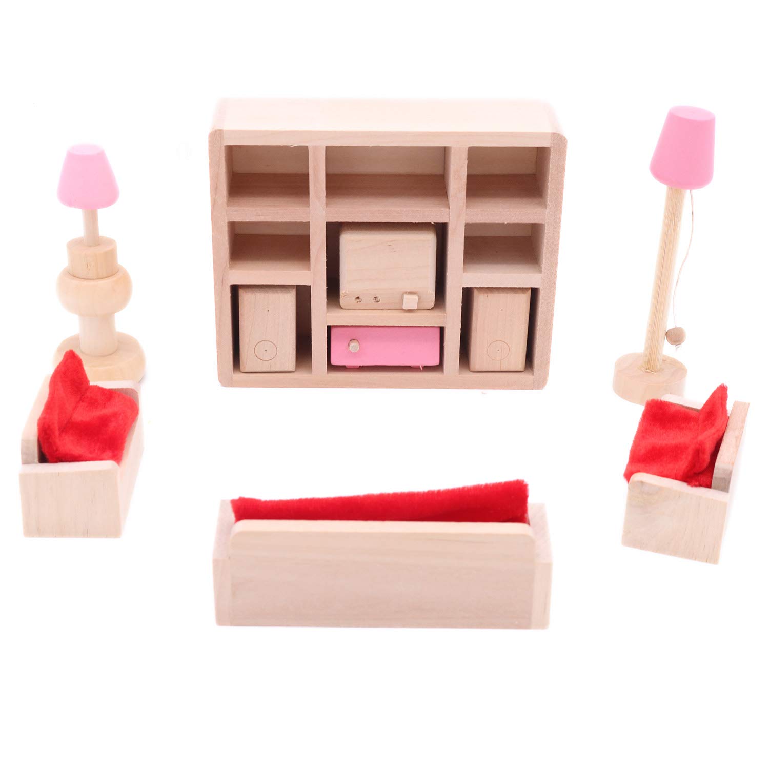 POFET Children Wooden Living Room Dollhouse Miniature Furnitures Sofa Cabinet Toy Set Doll Family Pretend Play Accessories