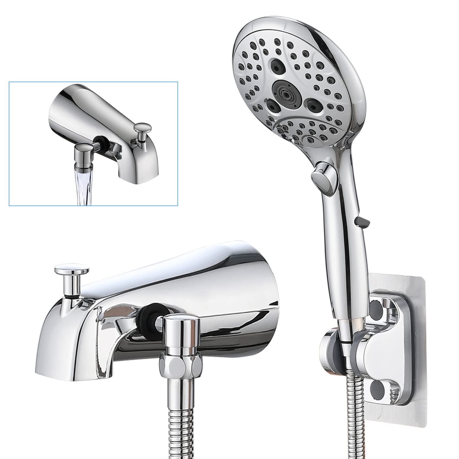 PROOX All Metal Tub Spout with Diverter, 6 Settings Hand held Shower with ON/OFF Pause Switch, Bathtub Faucet with Sprayer Chrome